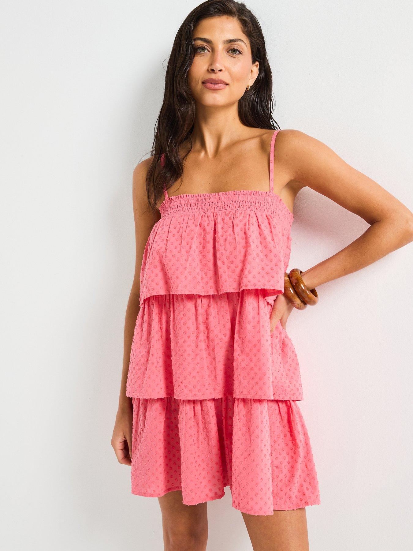 Image 1 of 6 of V by Very Tiered Dobby Mini Dress - Pink