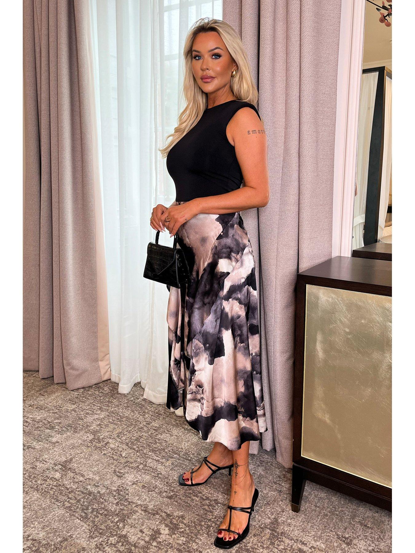Image 3 of 4 of AX Paris Marble Print 2 In 1 Double Frill Split Midi Dress - Multi