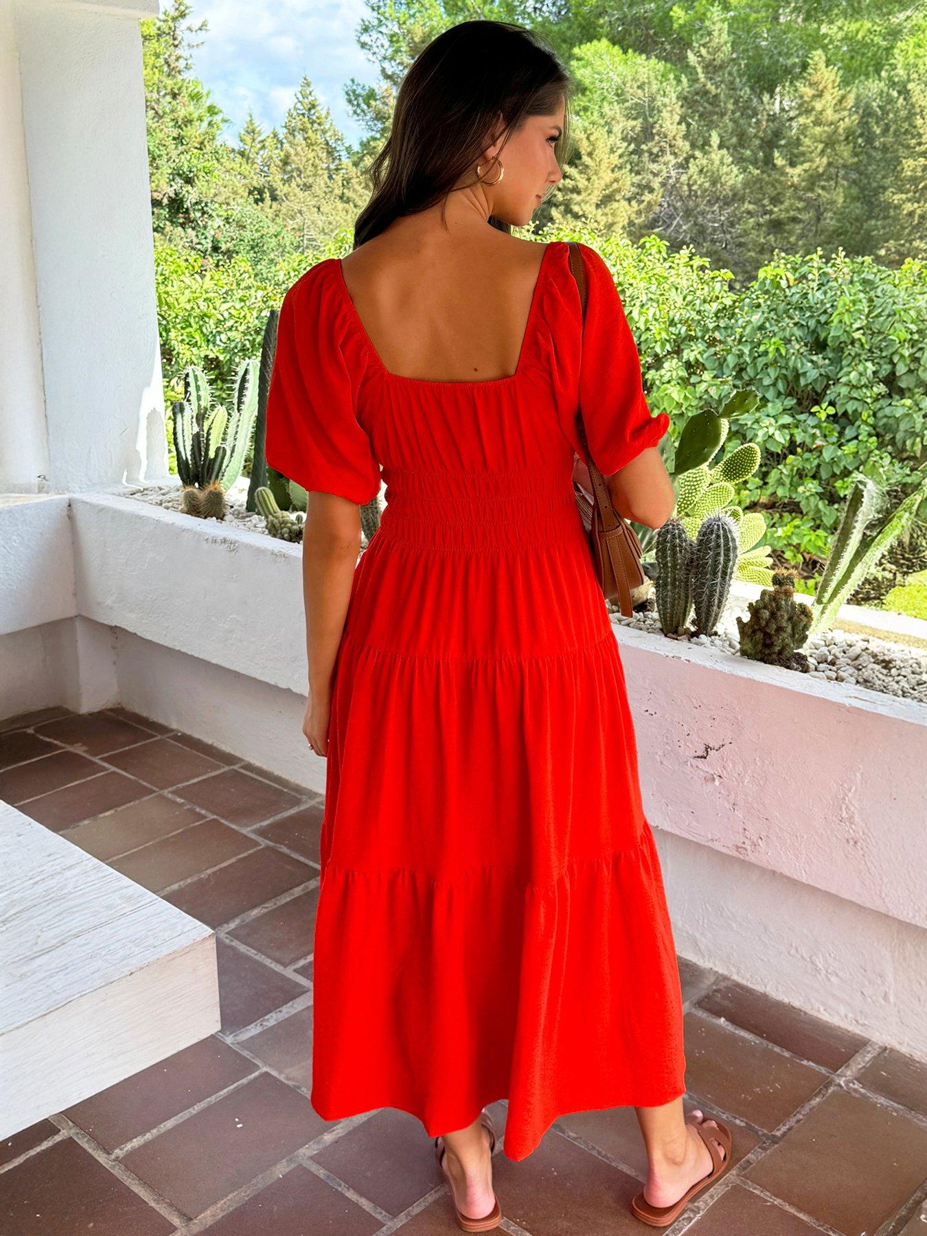 Image 2 of 4 of AX Paris Puff Sleeve Shirred Waist Smock Midi Dress - Orange