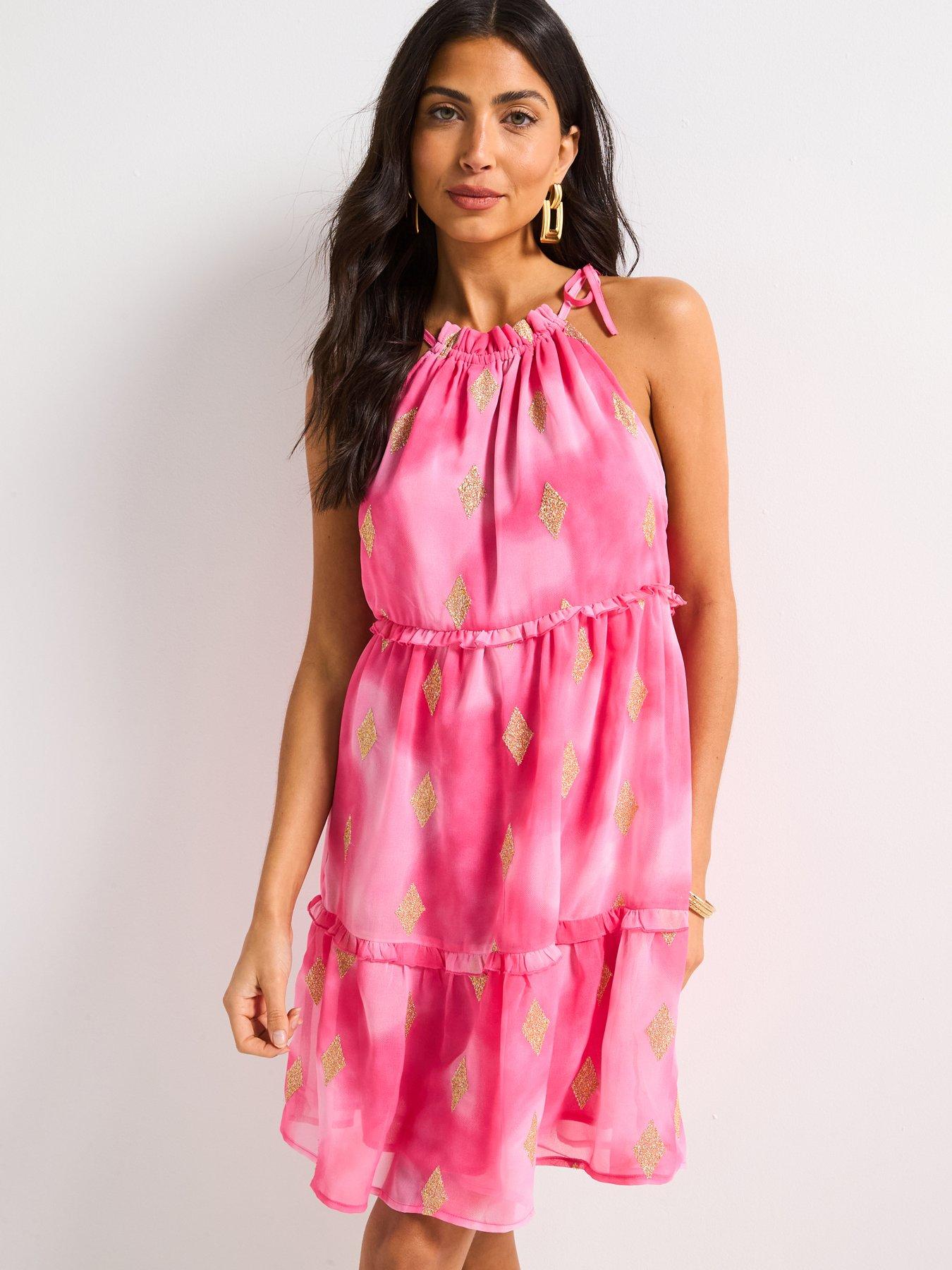 Image 1 of 4 of V by Very Metallic Tiered Mini Dress - Pink
