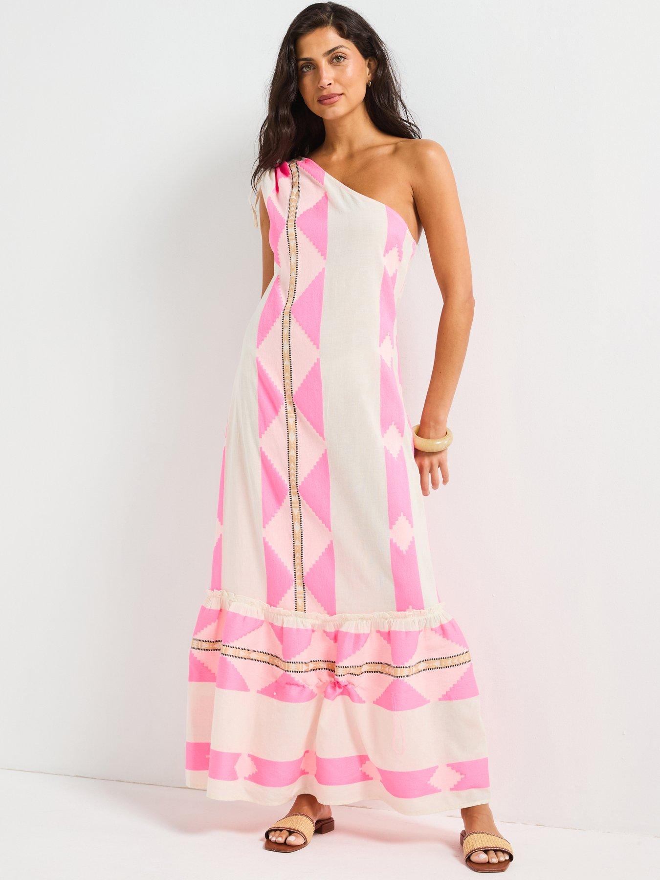 Image 1 of 6 of V by Very One Shoulder Aztec Detail Midi Dress - Pink