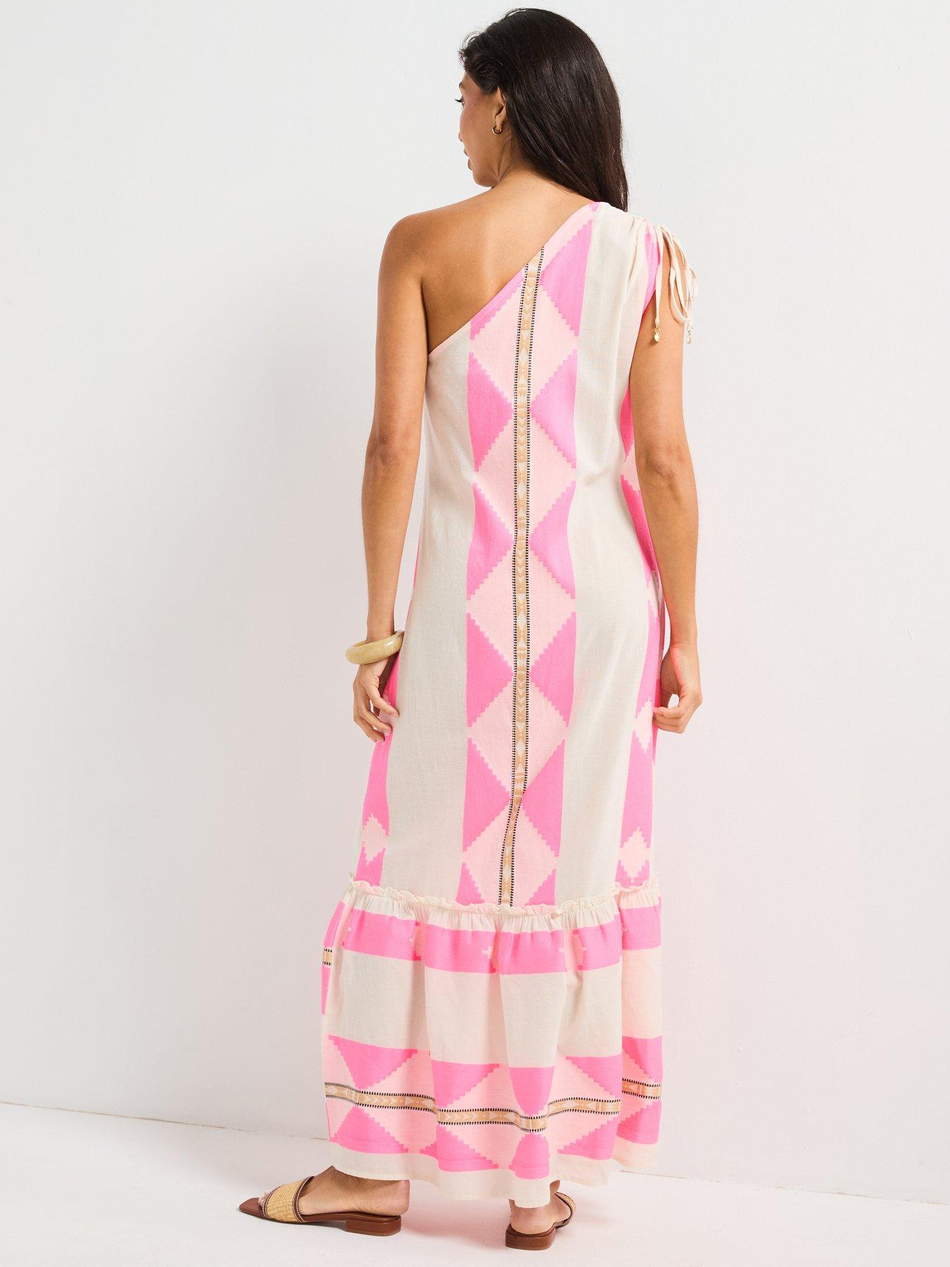 Image 2 of 6 of V by Very One Shoulder Aztec Detail Midi Dress - Pink