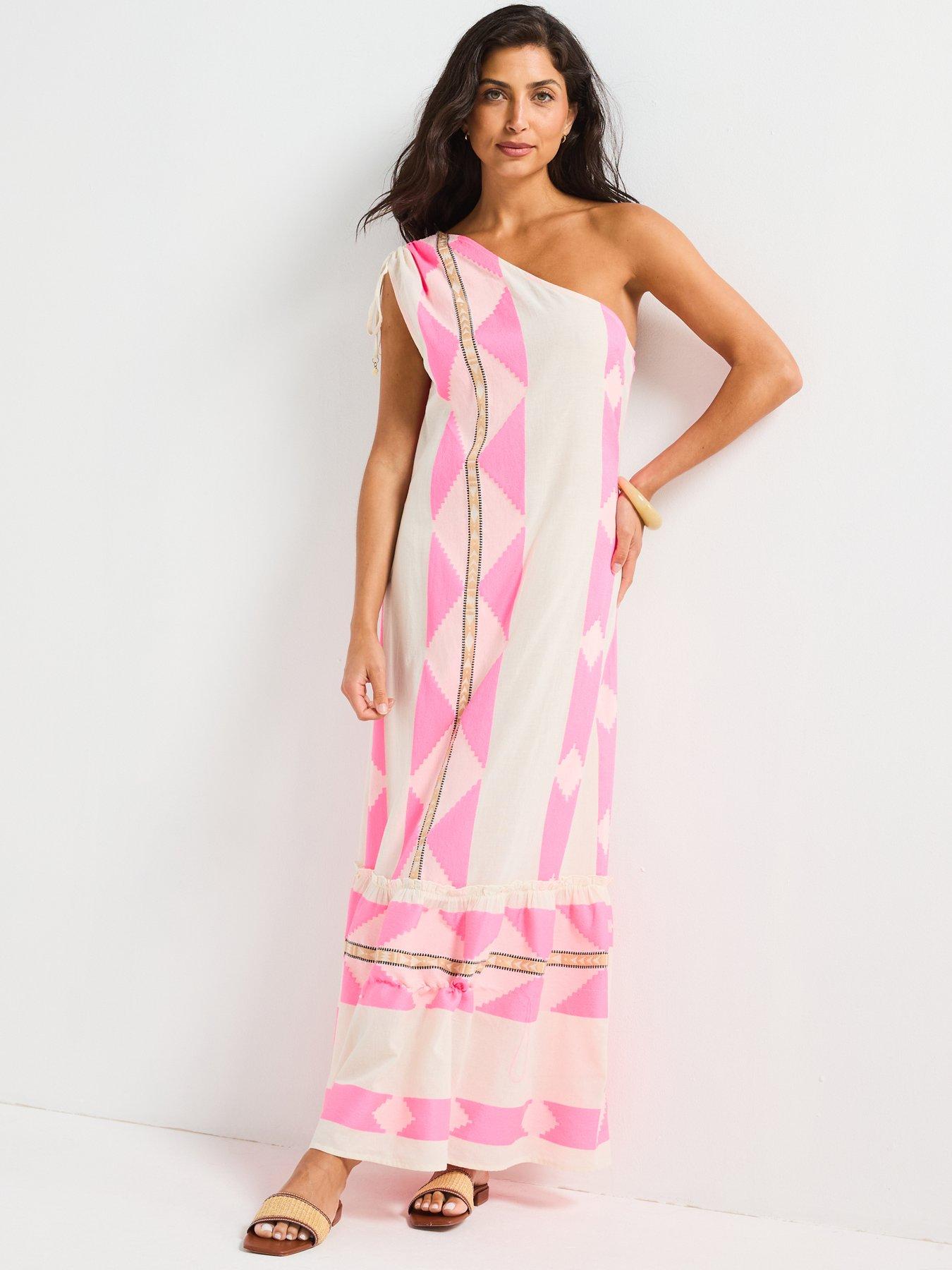 Image 3 of 6 of V by Very One Shoulder Aztec Detail Midi Dress - Pink
