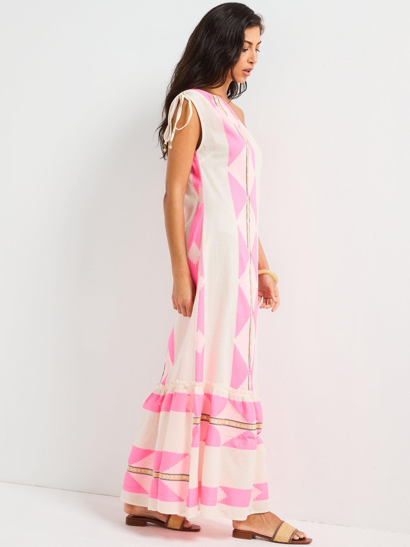 Image 4 of 6 of V by Very One Shoulder Aztec Detail Midi Dress - Pink