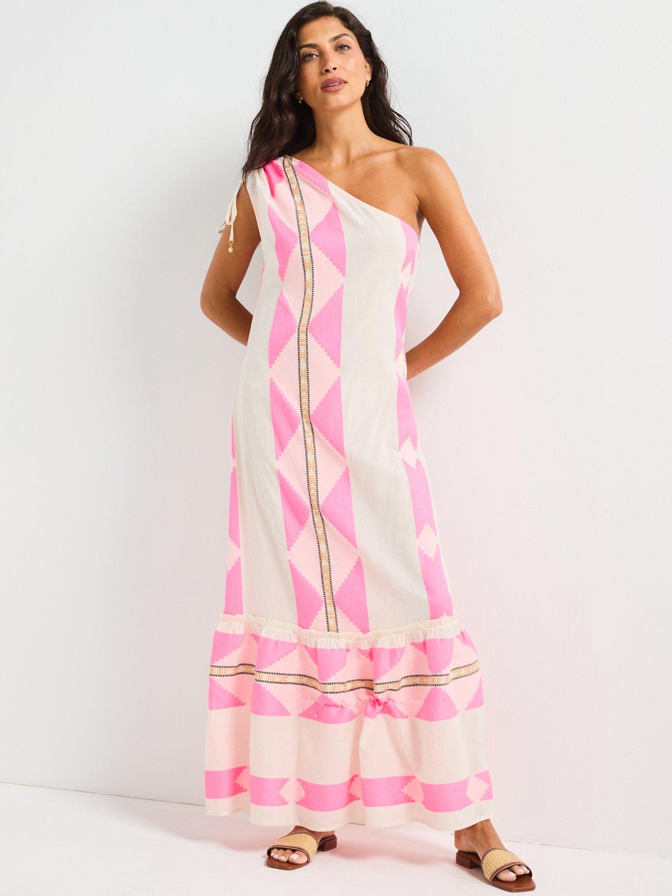 Image 5 of 6 of V by Very One Shoulder Aztec Detail Midi Dress - Pink