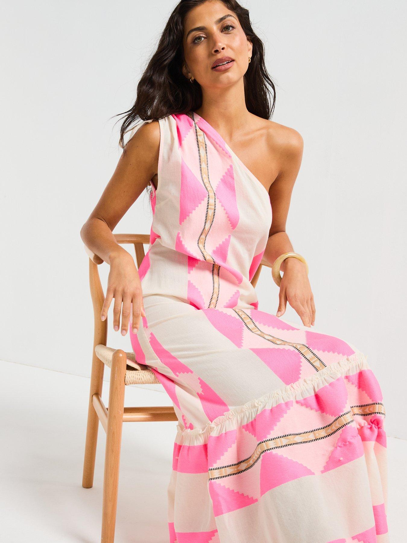 Image 6 of 6 of V by Very One Shoulder Aztec Detail Midi Dress - Pink