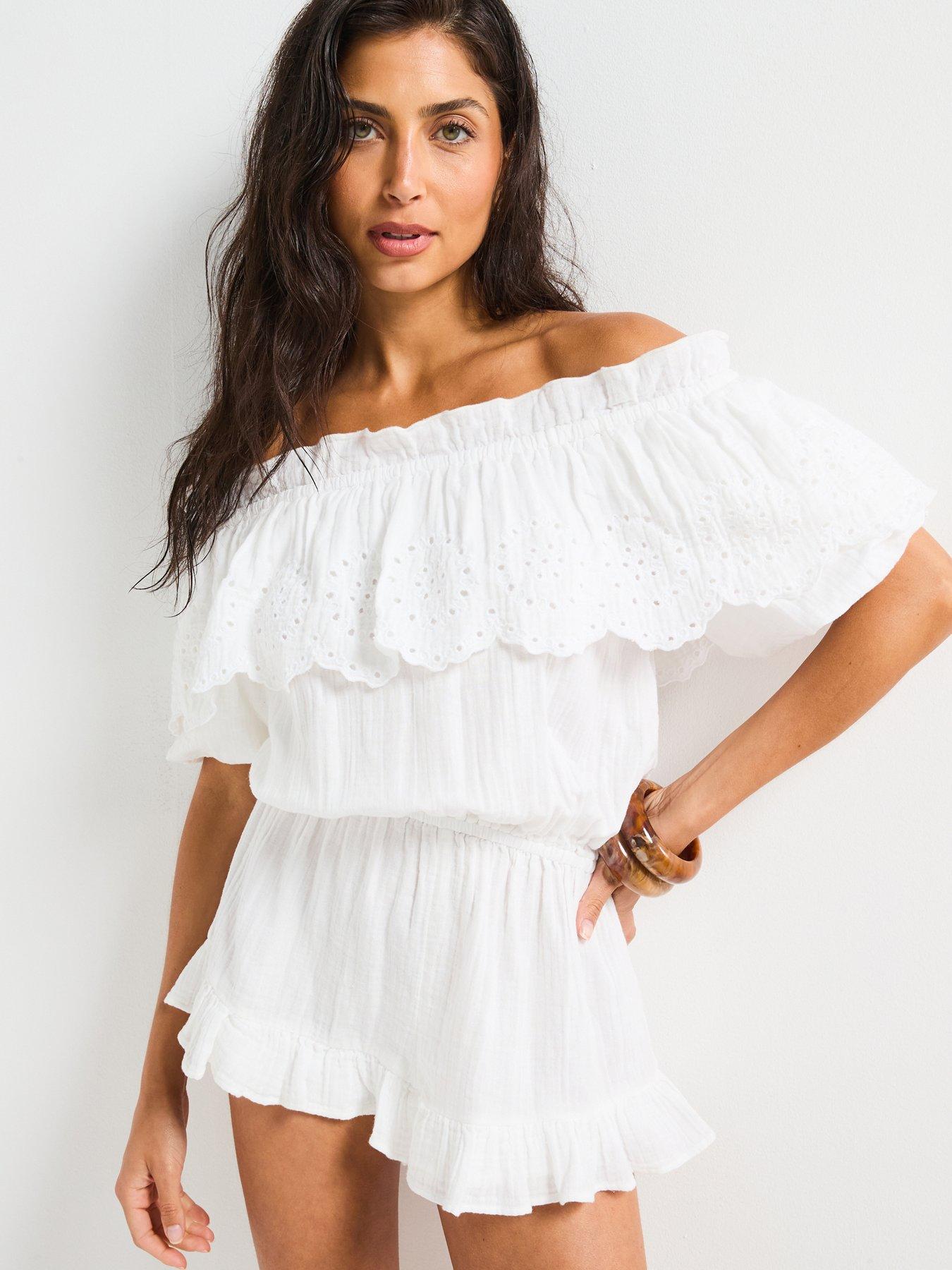 Image 1 of 5 of V by Very Beach Bardot Broderie Frill Playsuit - White