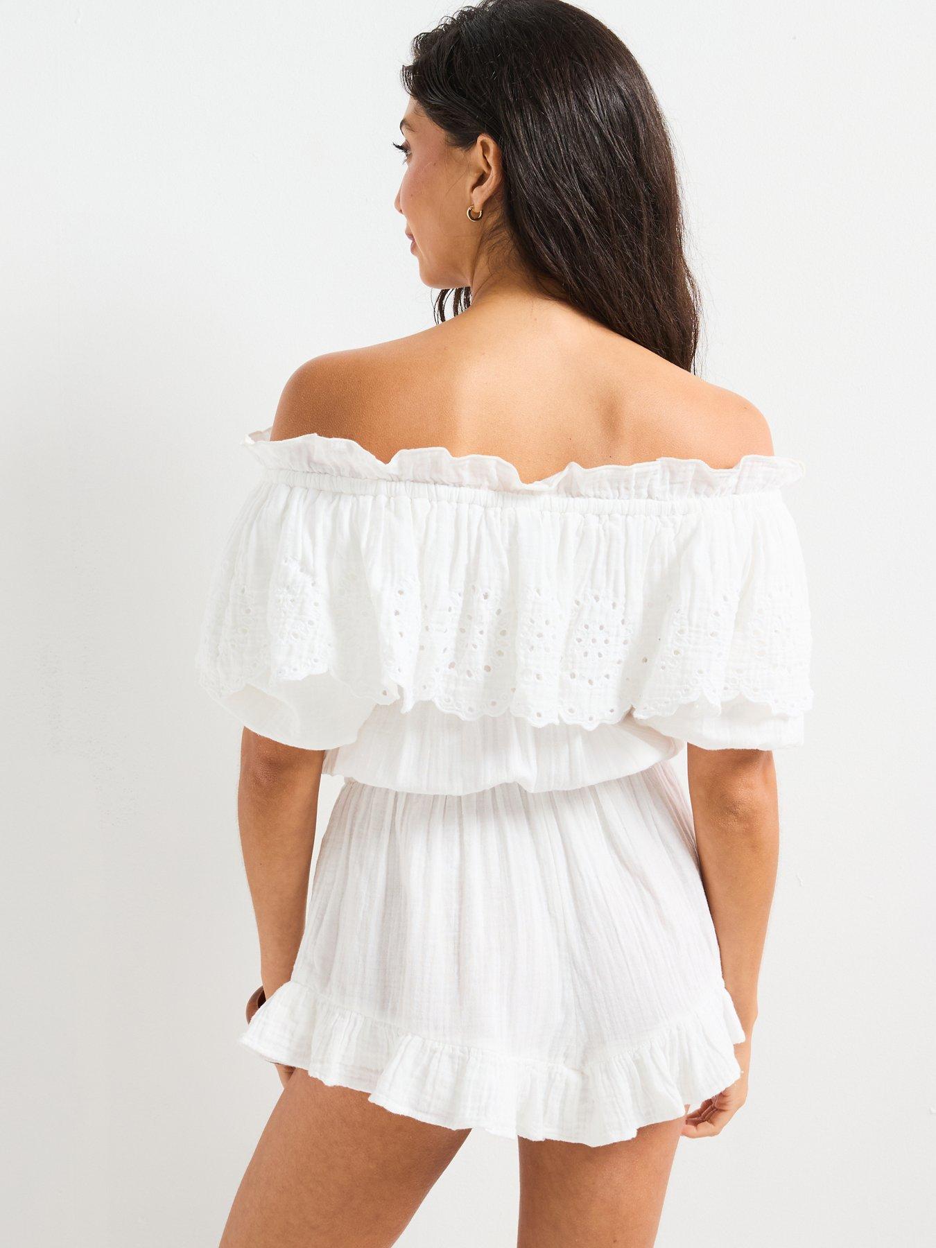 Image 2 of 5 of V by Very Beach Bardot Broderie Frill Playsuit - White