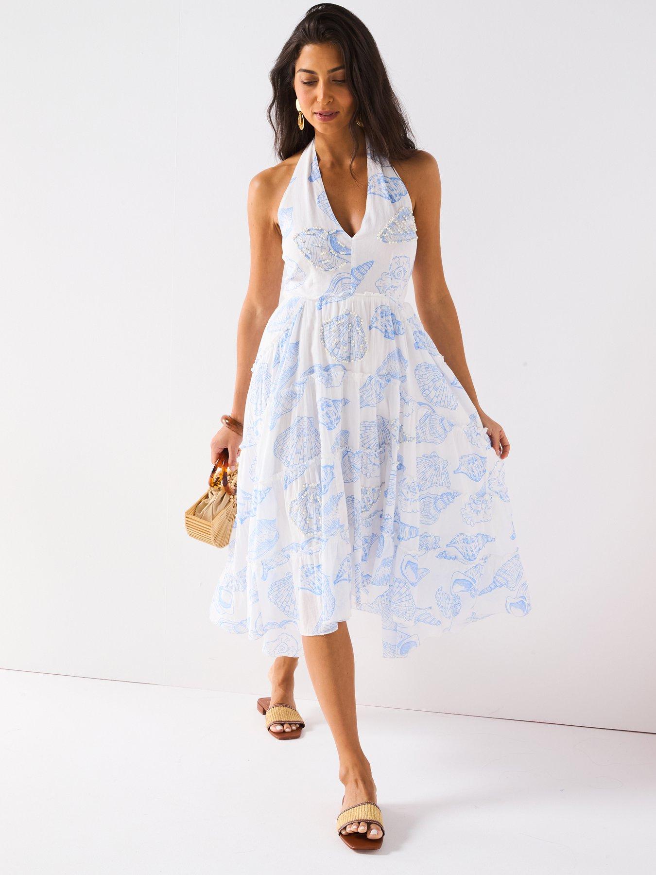 Image 1 of 6 of V by Very Halter Tiered Asymmetric Midi Dress - Print