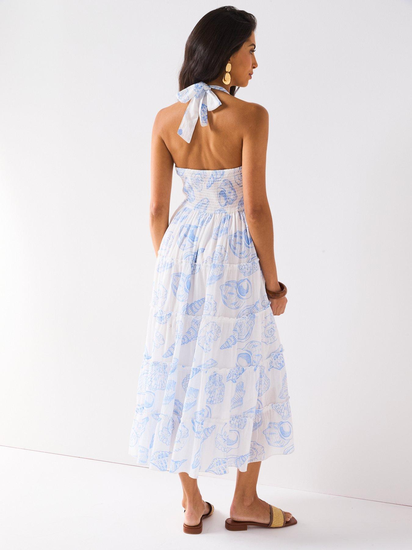 Image 2 of 6 of V by Very Halter Tiered Asymmetric Midi Dress - Print
