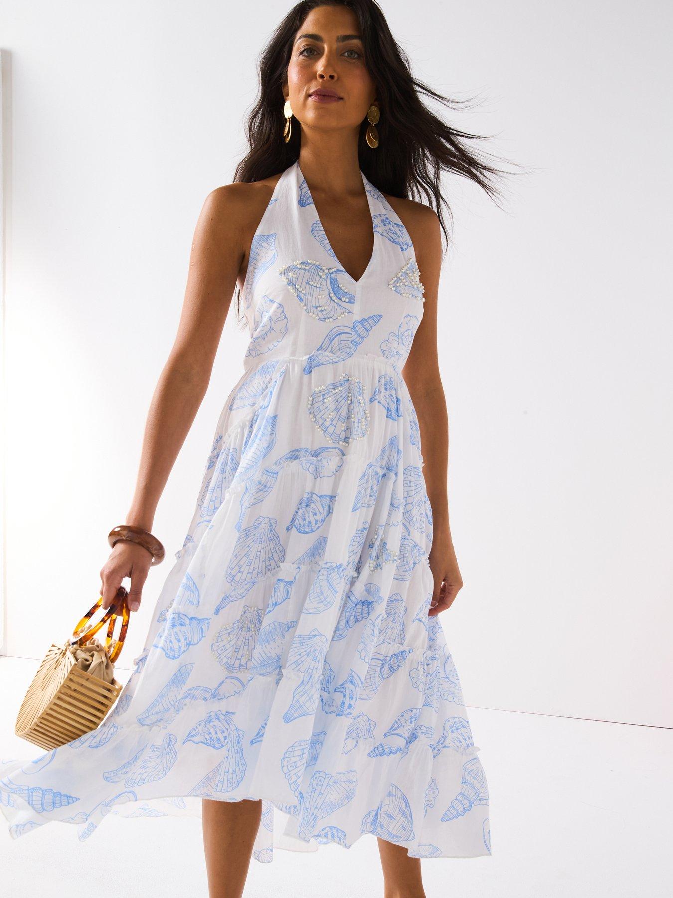 Image 3 of 6 of V by Very Halter Tiered Asymmetric Midi Dress - Print
