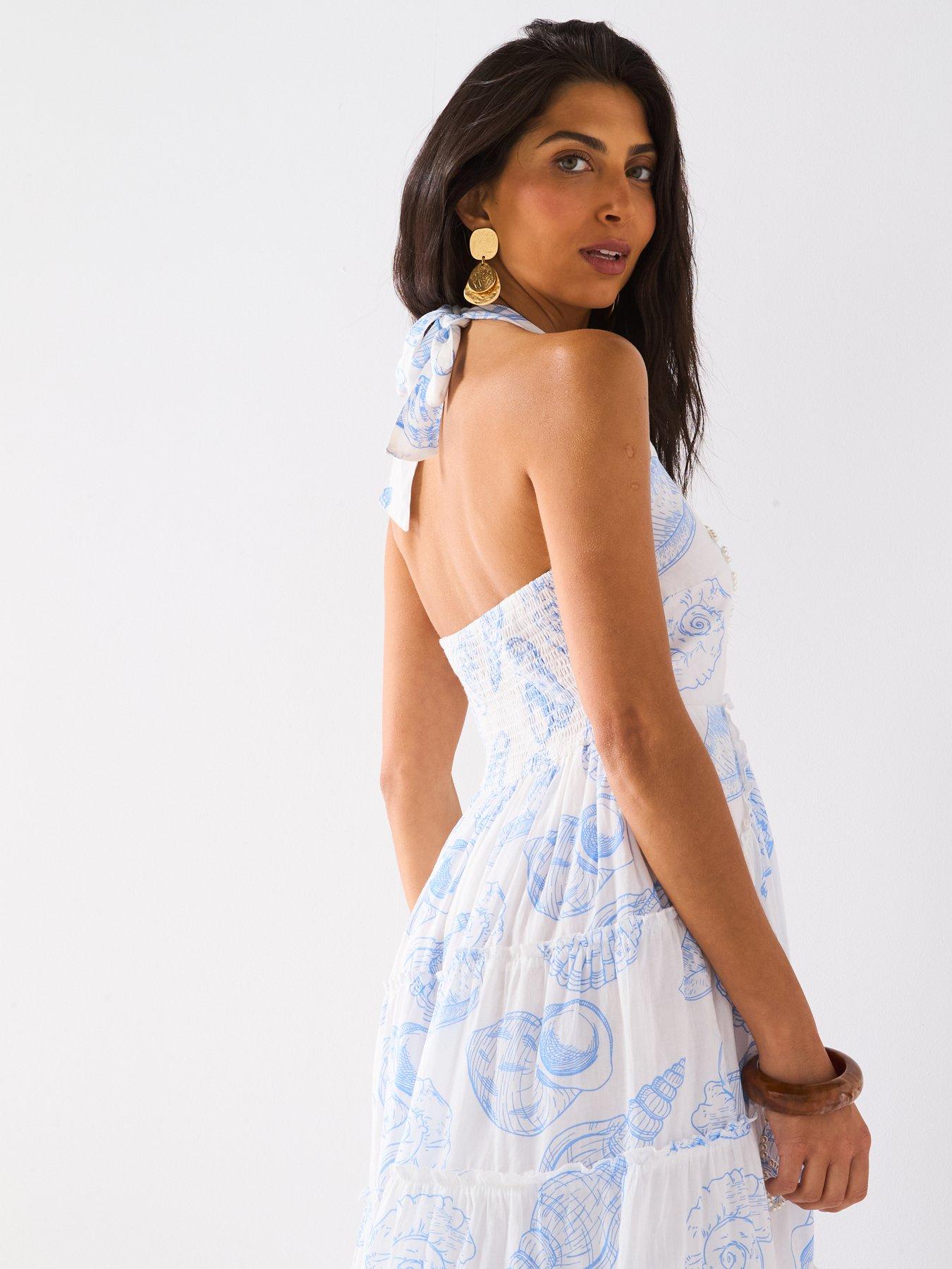 Image 6 of 6 of V by Very Halter Tiered Asymmetric Midi Dress - Print
