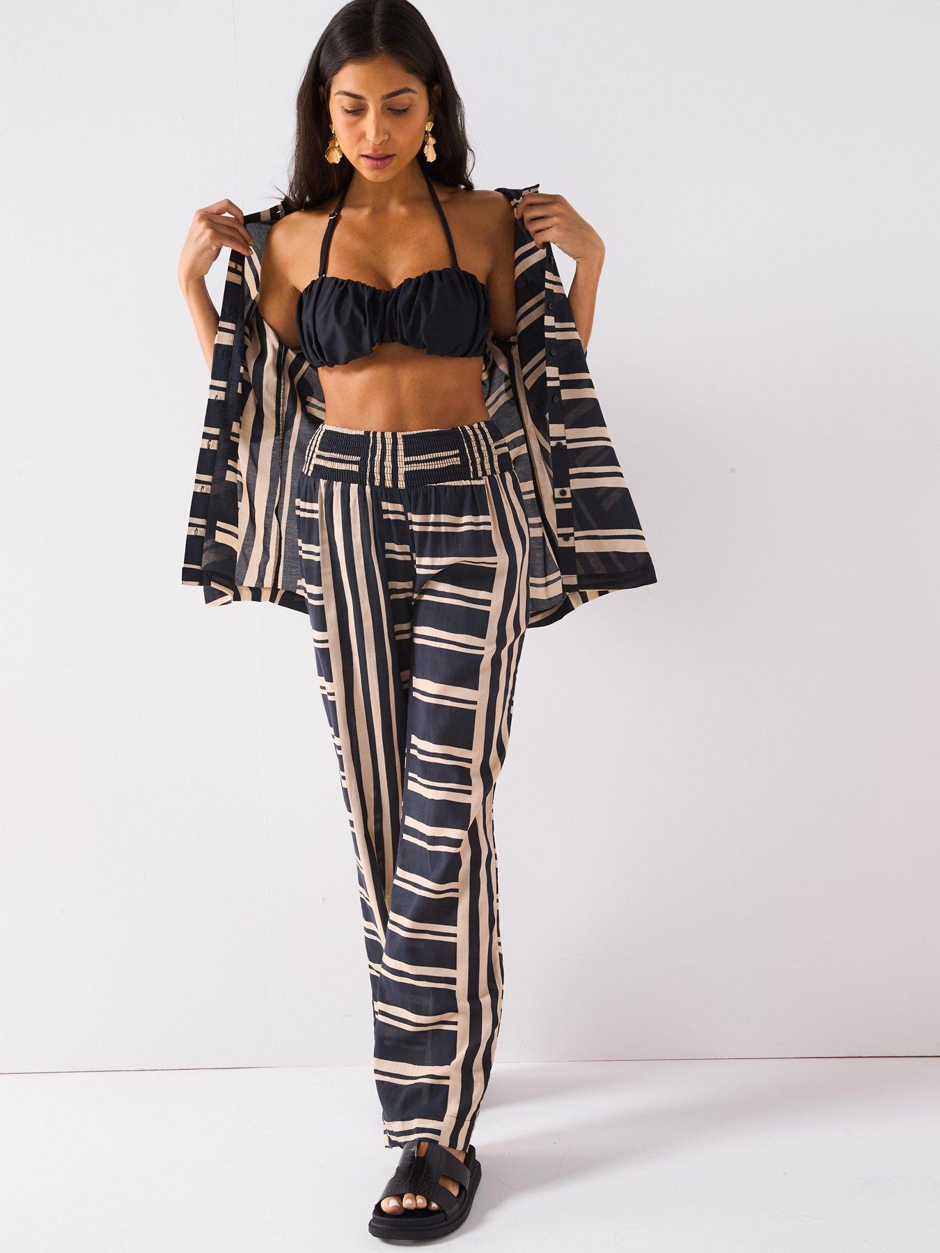 V by Very Striped Wide Leg Beach Trousers - Black