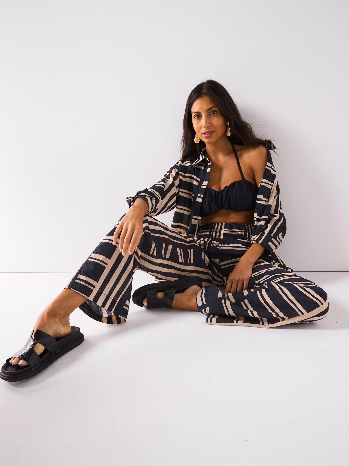 Image 4 of 6 of V by Very Striped Wide Leg Beach Trousers - Black