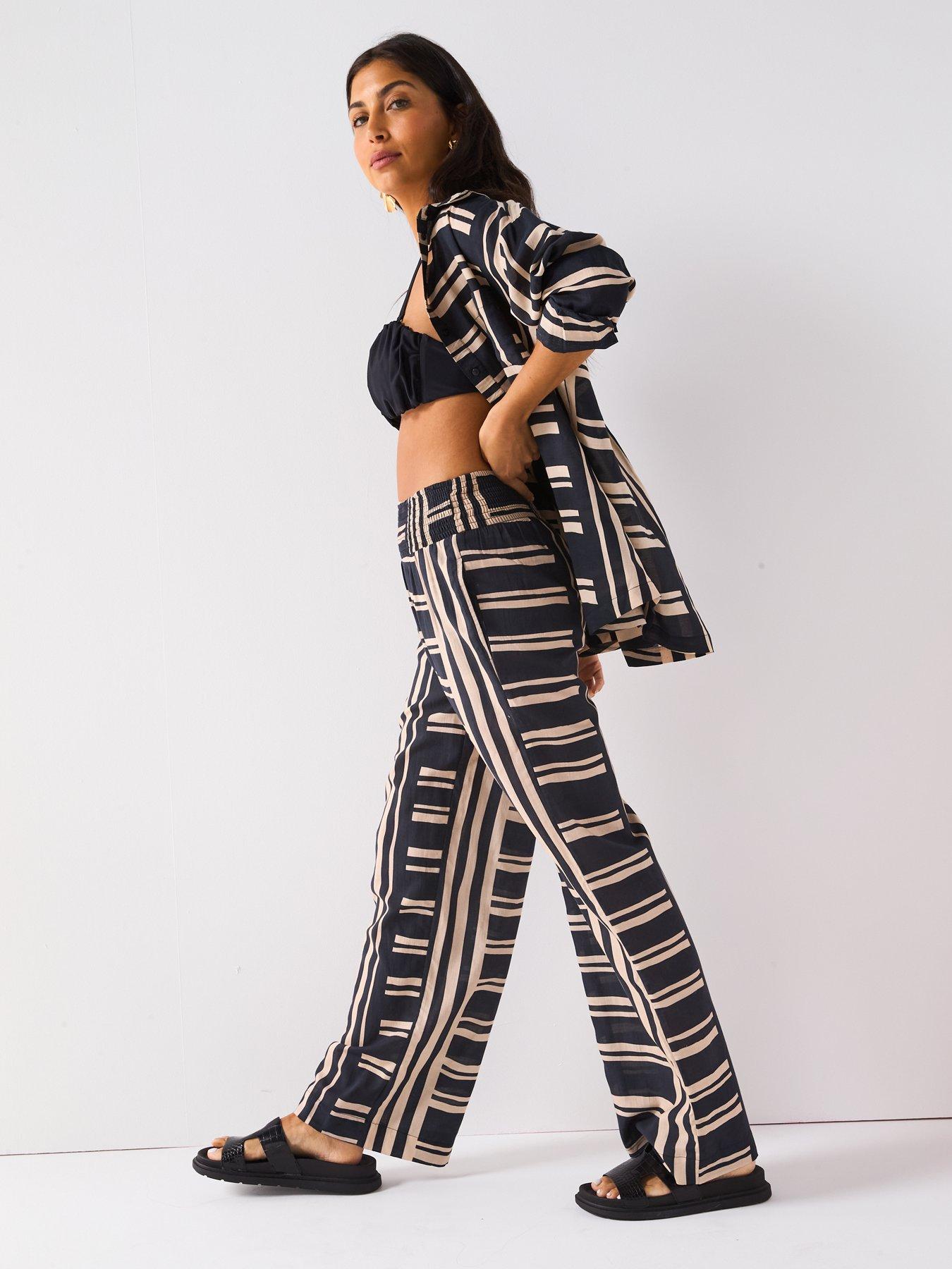 Image 6 of 6 of V by Very Striped Wide Leg Beach Trousers - Black