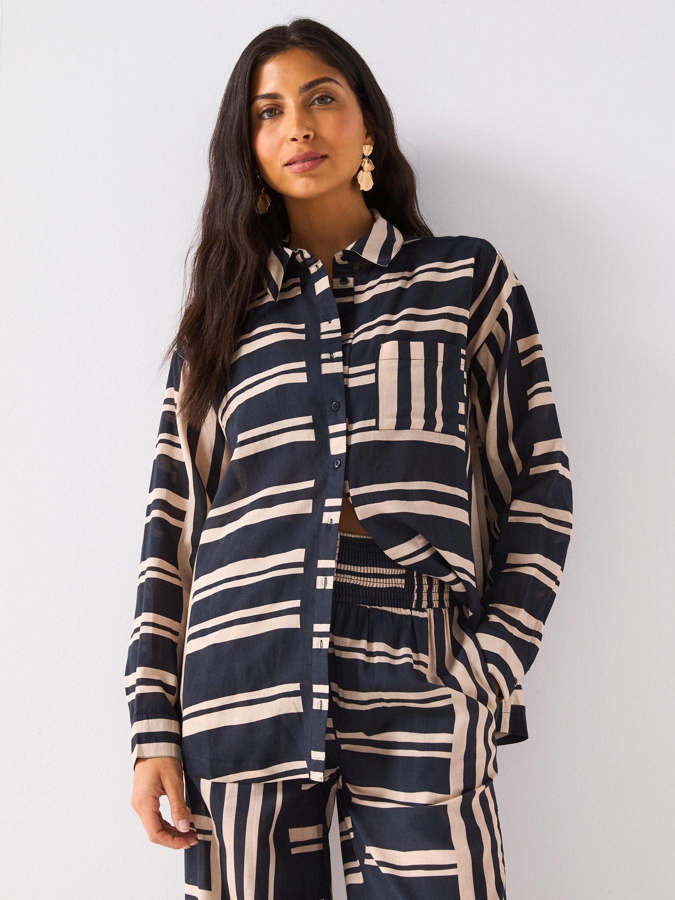 undefined Striped Oversized Beach Shirt - Black