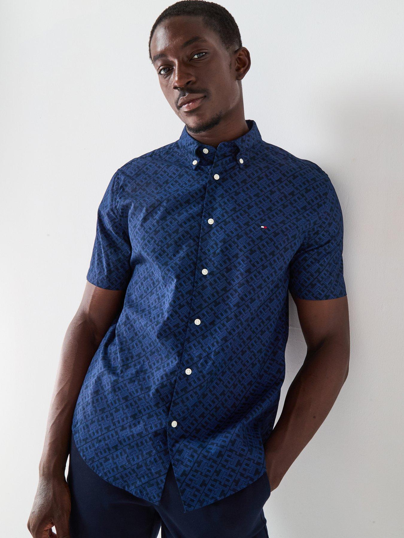 undefined Regular Fit Flex Poplin Monogram Short Sleeve Shirt - Navy