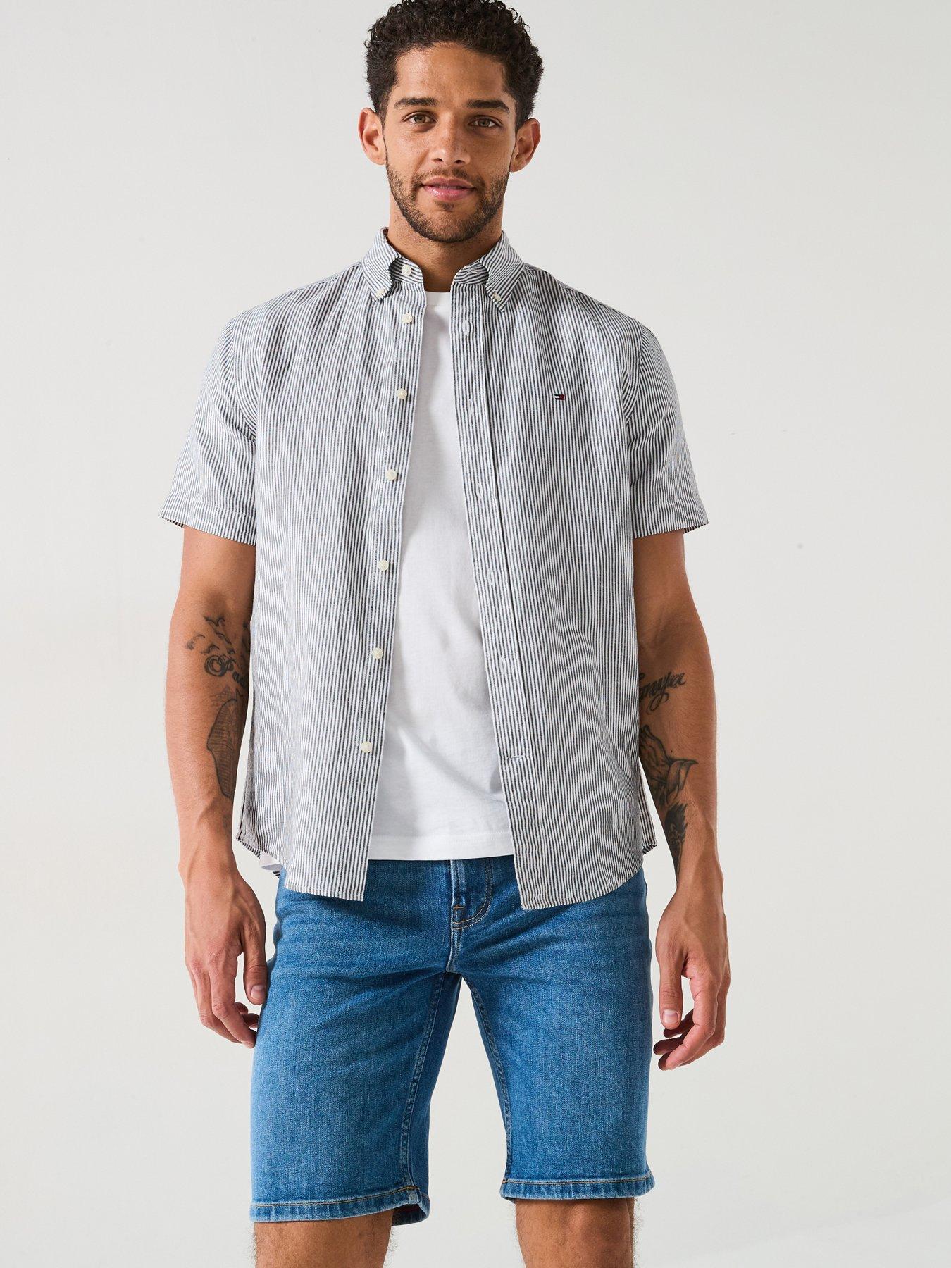 Image 1 of 6 of Tommy Hilfiger Regular Fit Cotton Linen Essential Stripe Short Sleeve Shirt - White/Black