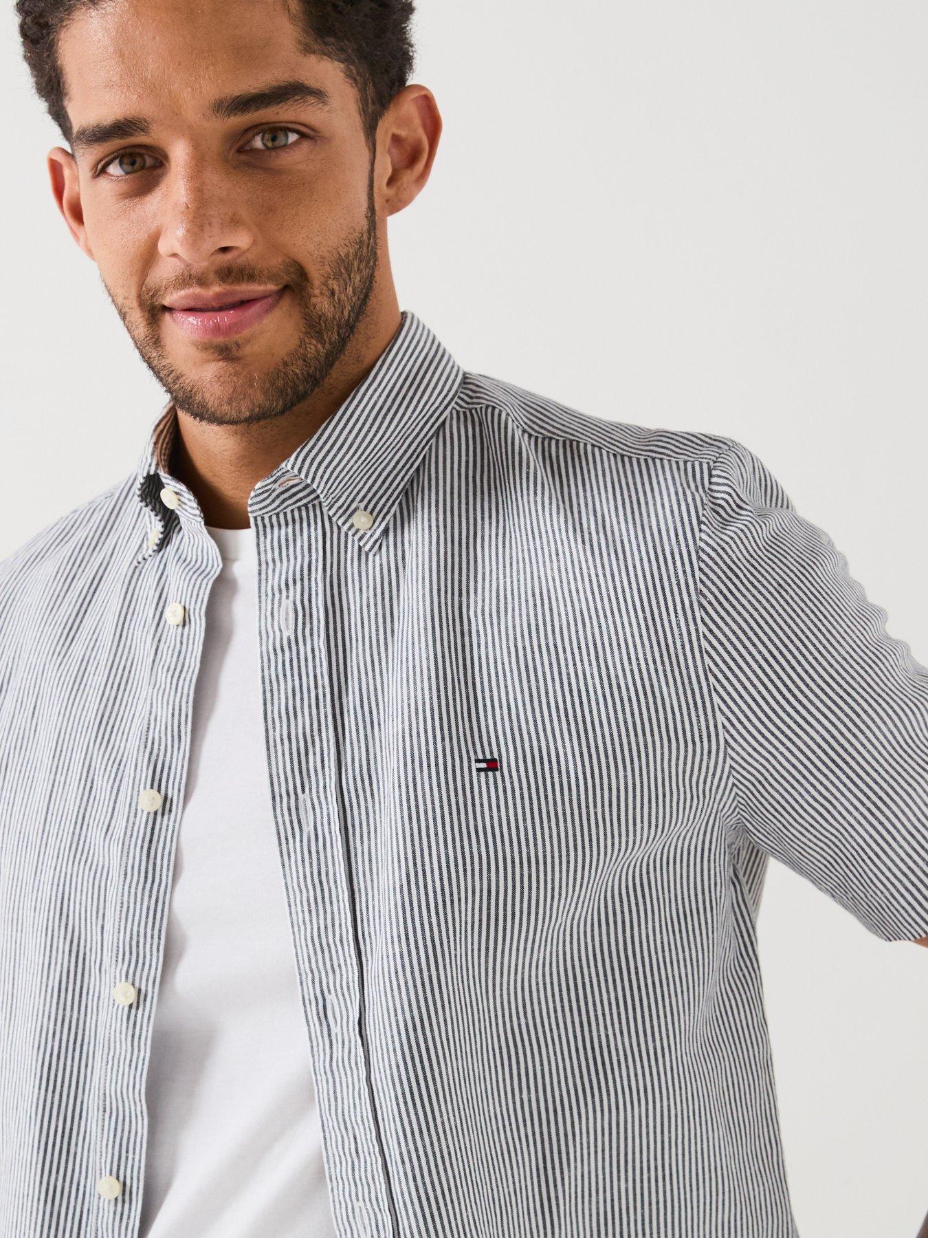 Image 4 of 6 of Tommy Hilfiger Regular Fit Cotton Linen Essential Stripe Short Sleeve Shirt - White/Black