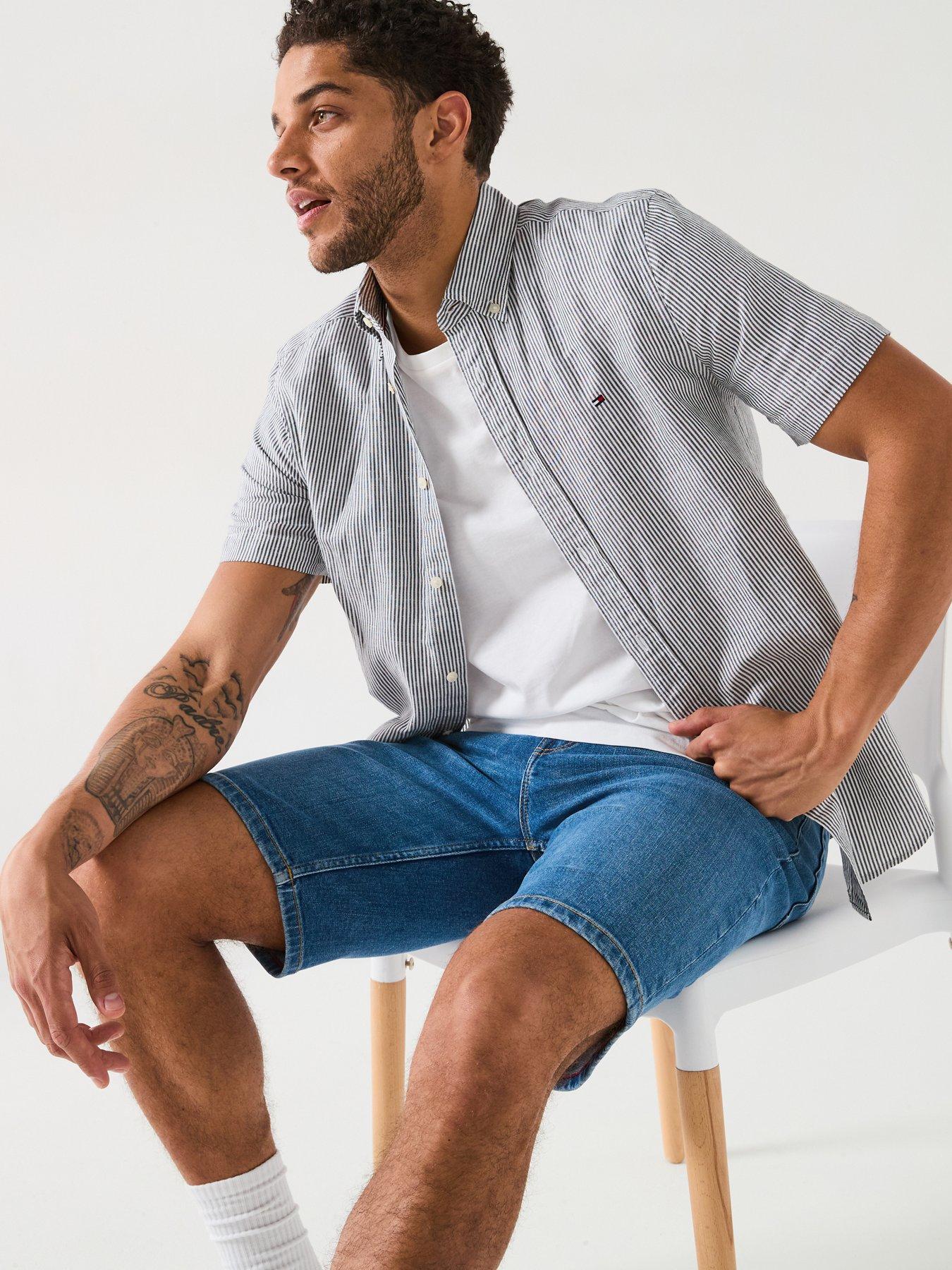 Image 5 of 6 of Tommy Hilfiger Regular Fit Cotton Linen Essential Stripe Short Sleeve Shirt - White/Black
