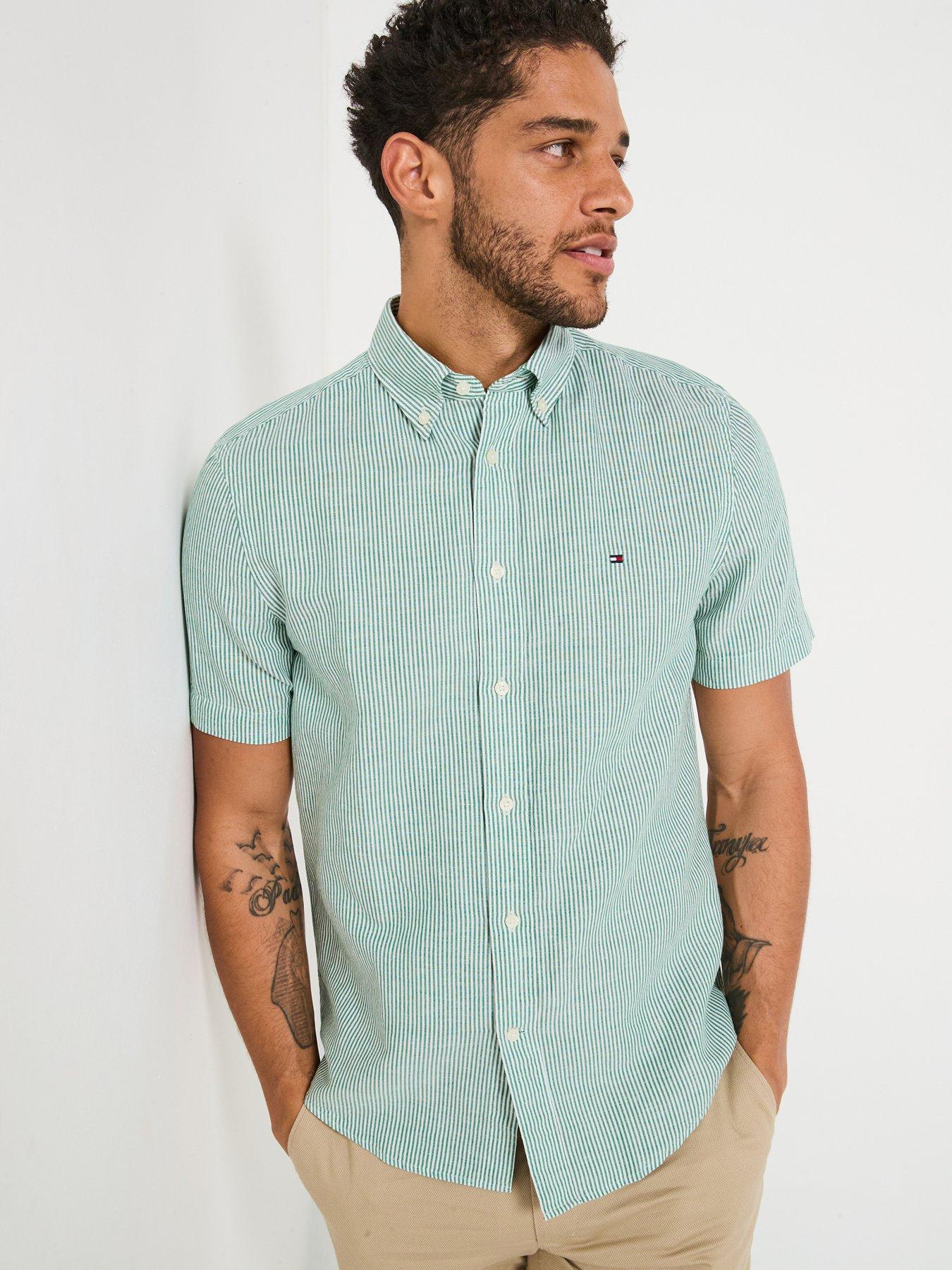 Image of Tommy Hilfiger Regular Fit Cotton Linen Essential Stripe Short Sleeve Shirt - Green
