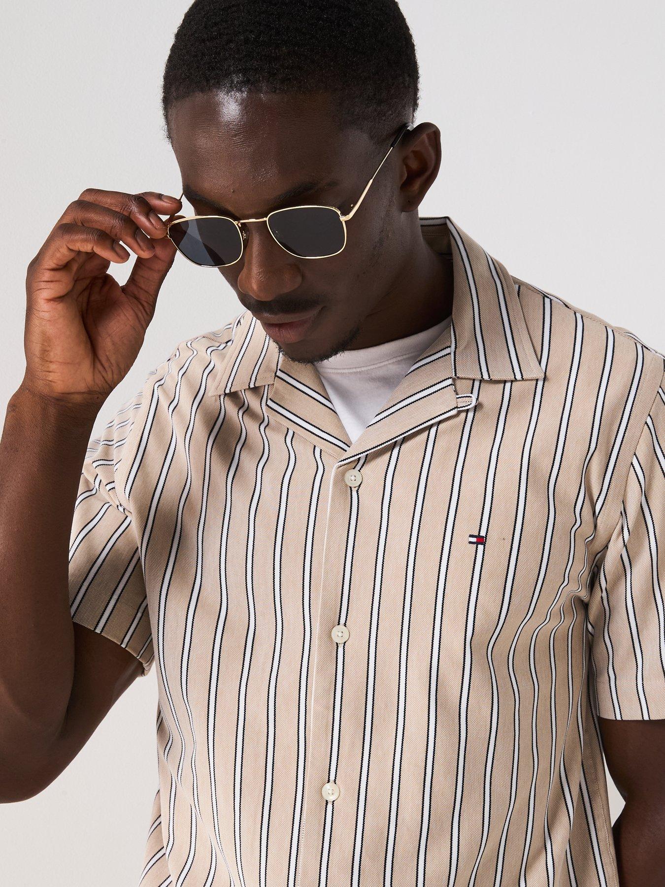 Image 4 of 5 of Tommy Hilfiger Regular Fit Knitted Stripe Short Sleeve Shirt - Natural