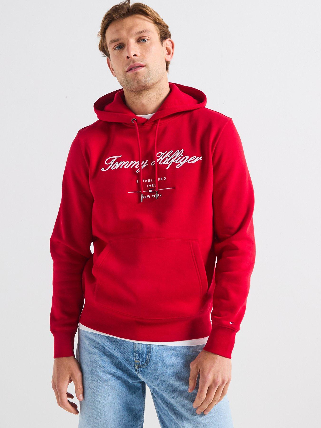 Image 1 of 5 of Tommy Hilfiger Regular Fit Script Logo Overhead Hoodie - Red