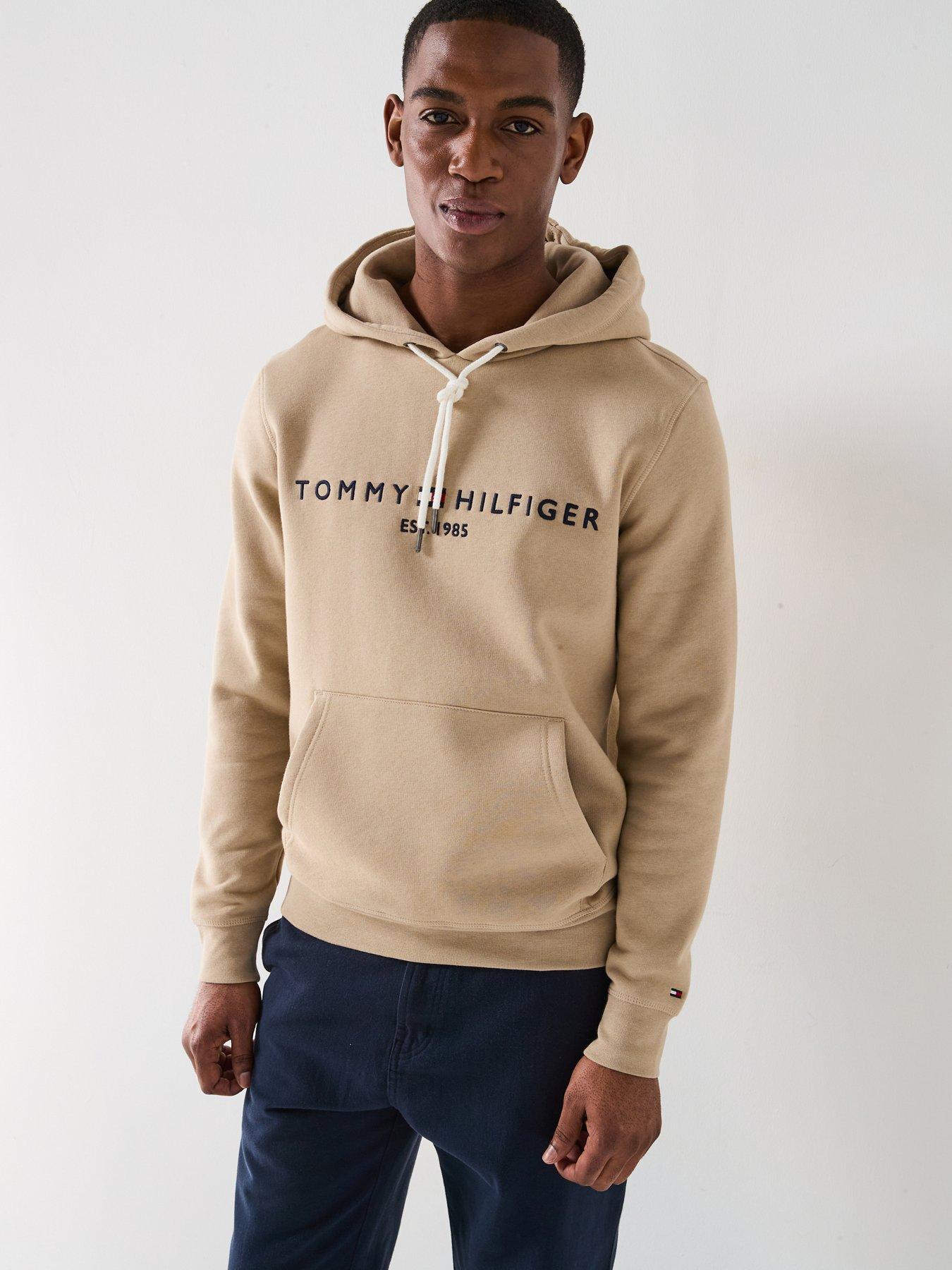 Image 1 of 6 of Tommy Hilfiger Regular Fit Linear Chest Logo Hoodie - Natural