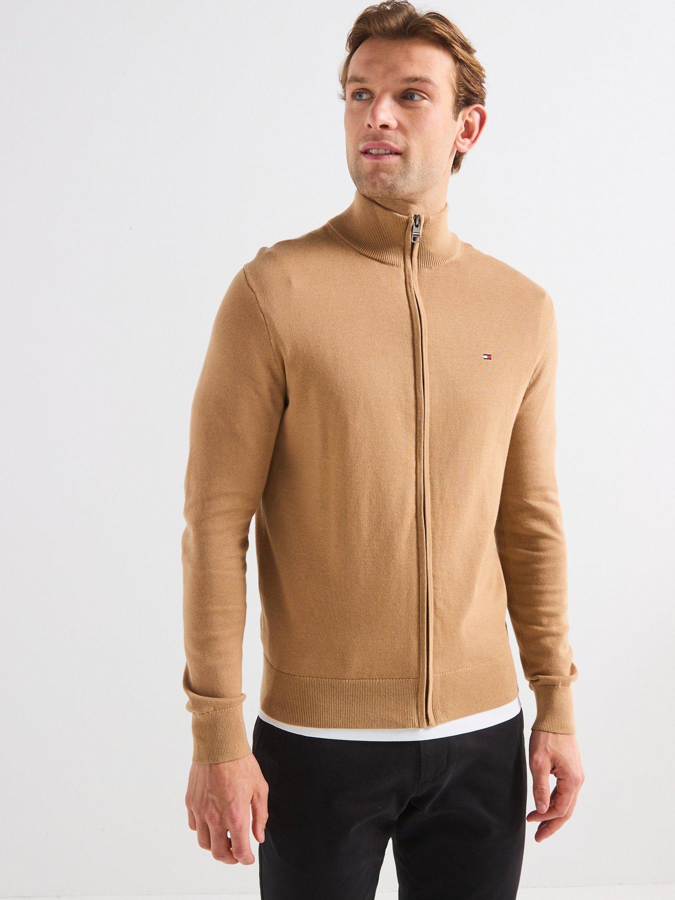 Image of Tommy Hilfiger Essential Cotton Zip Through Knitted Jumper - Light Brown