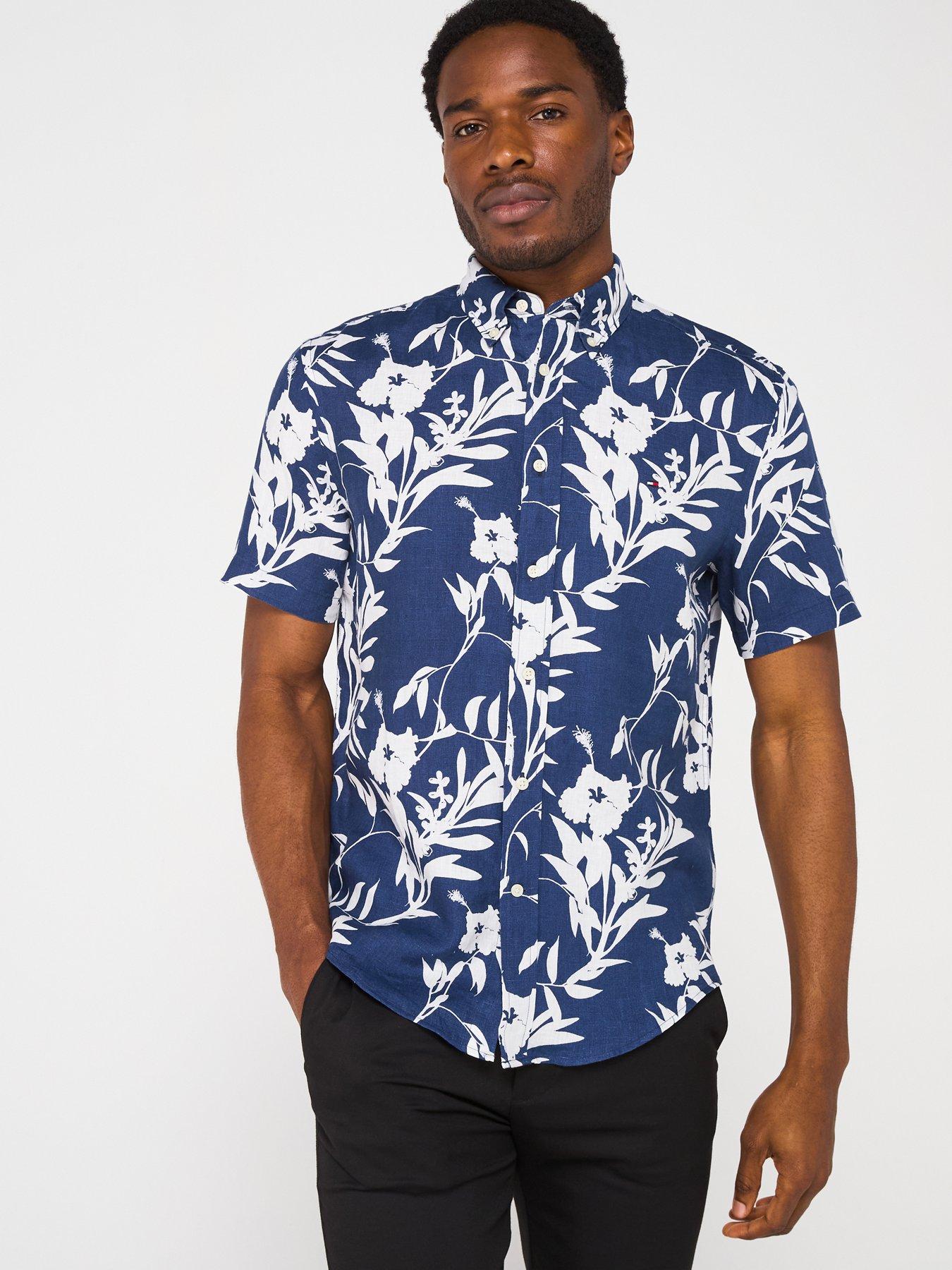 Image 1 of 6 of Tommy Hilfiger Regular Fit Linen Tropical Print Short Sleeve Shirt - Dark Blue
