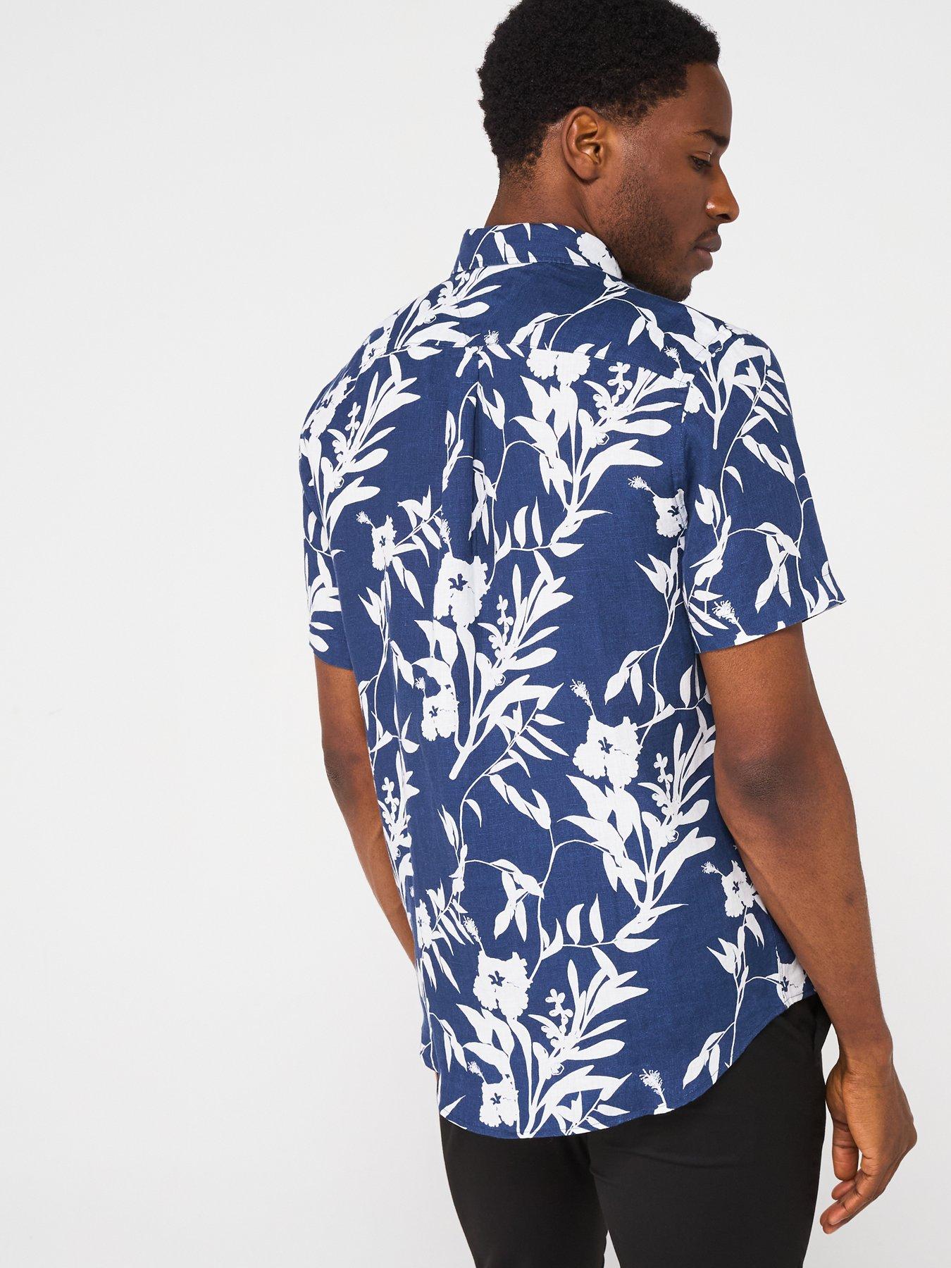 Image 2 of 6 of Tommy Hilfiger Regular Fit Linen Tropical Print Short Sleeve Shirt - Dark Blue