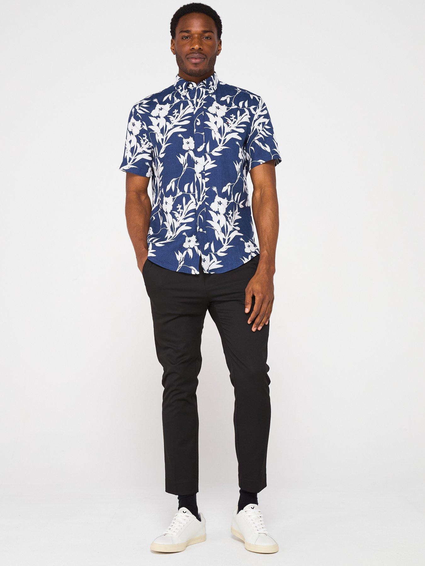 Image 3 of 6 of Tommy Hilfiger Regular Fit Linen Tropical Print Short Sleeve Shirt - Dark Blue