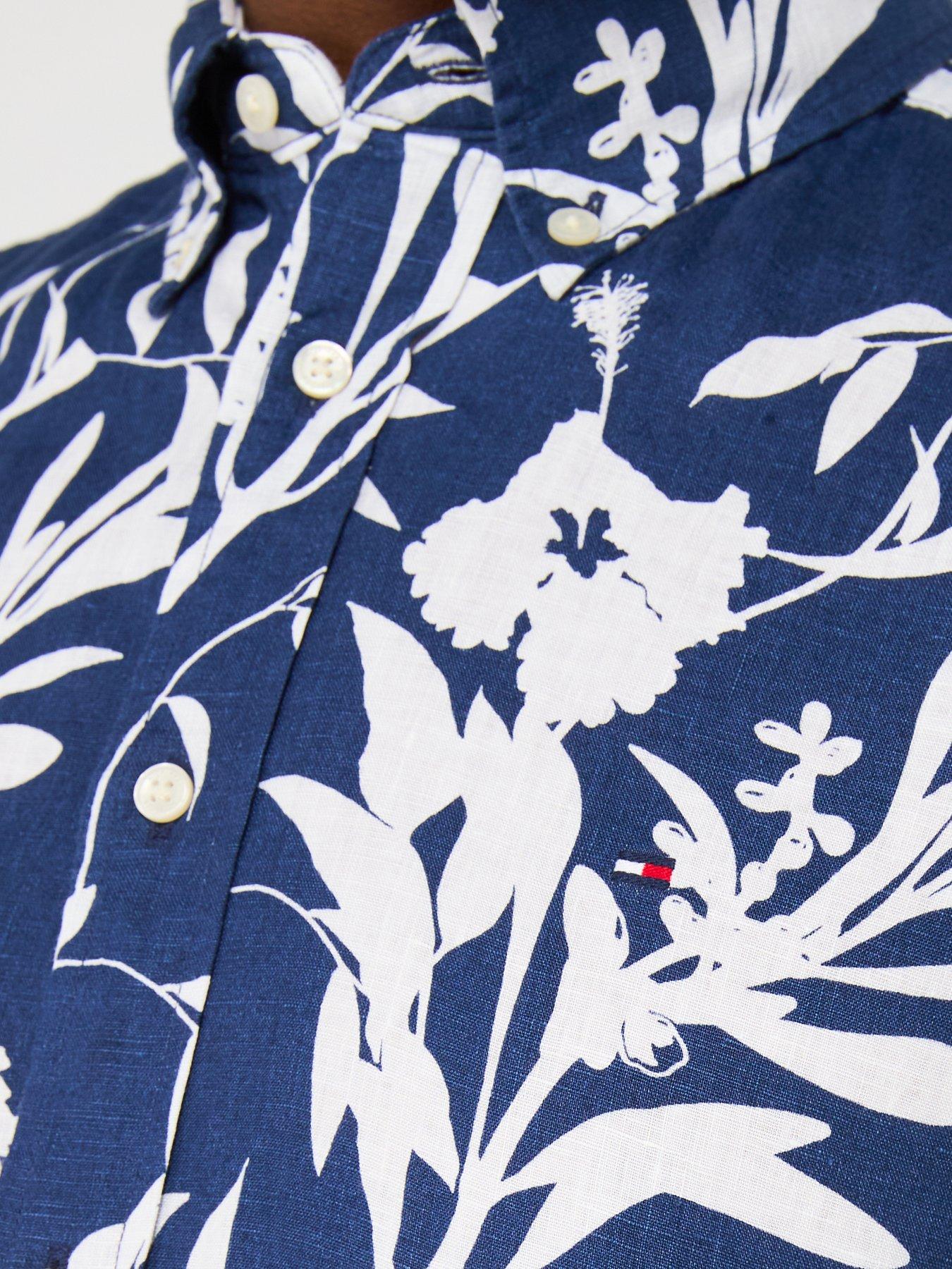 Image 4 of 6 of Tommy Hilfiger Regular Fit Linen Tropical Print Short Sleeve Shirt - Dark Blue