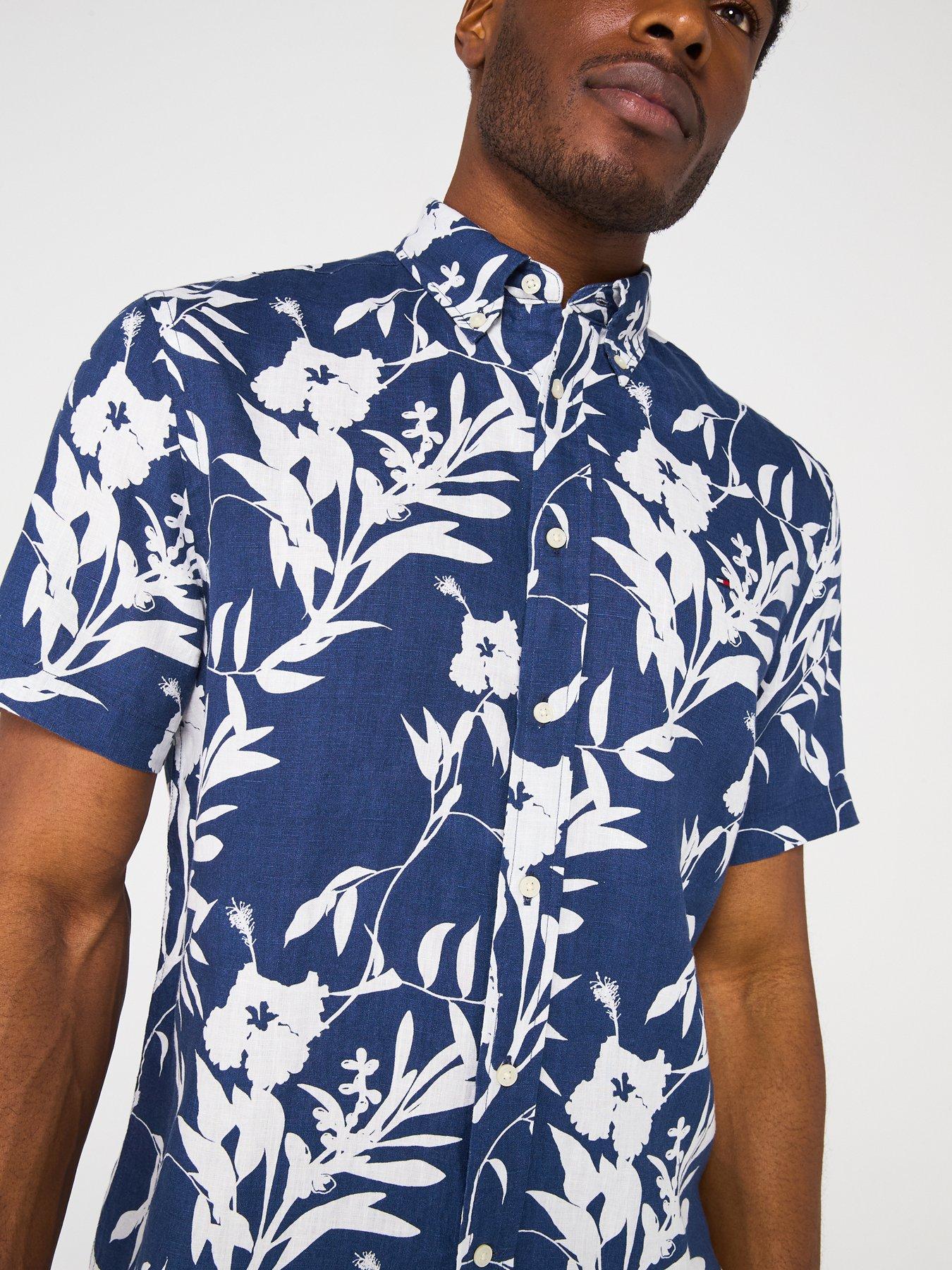 Image 5 of 6 of Tommy Hilfiger Regular Fit Linen Tropical Print Short Sleeve Shirt - Dark Blue