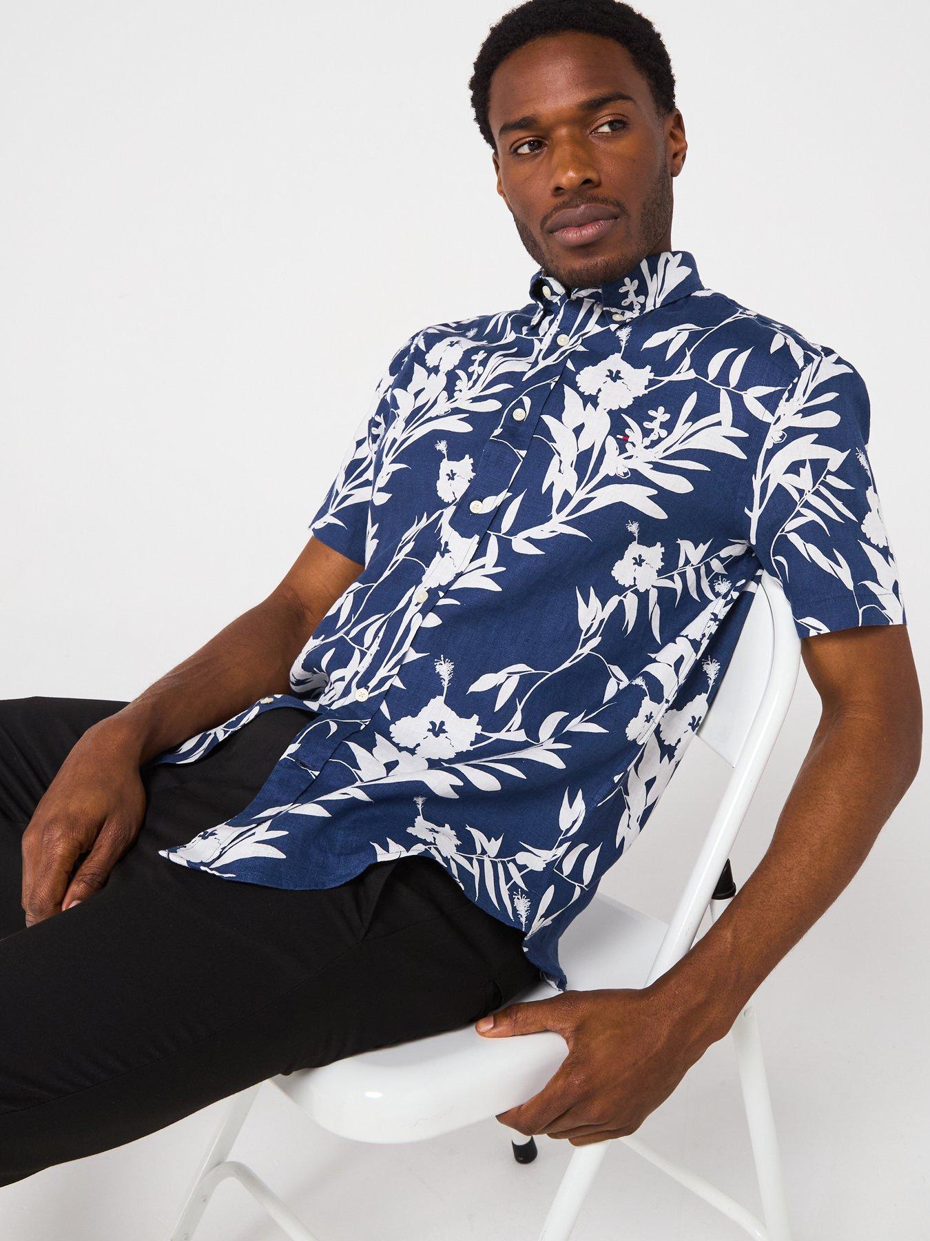 Image 6 of 6 of Tommy Hilfiger Regular Fit Linen Tropical Print Short Sleeve Shirt - Dark Blue