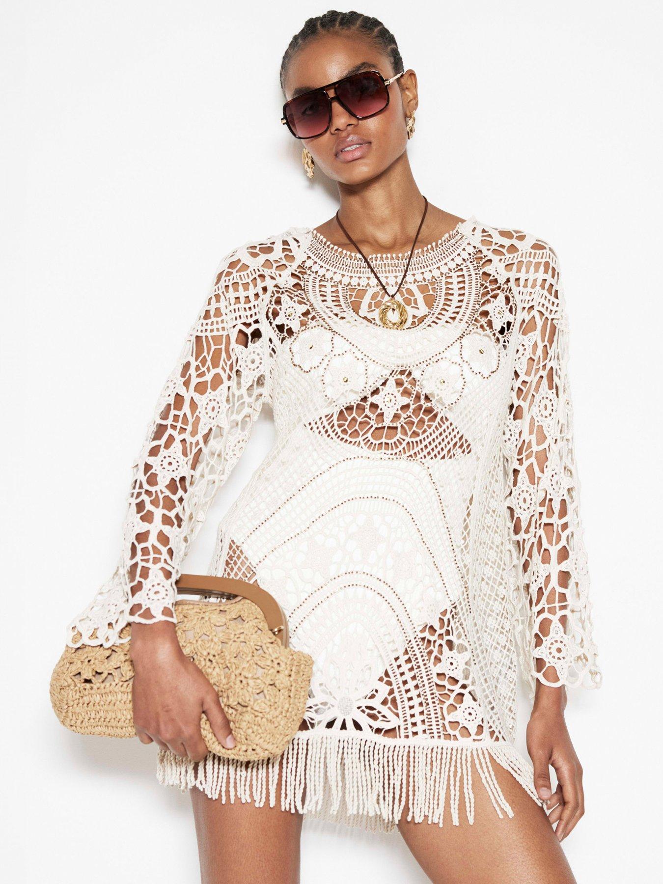 Image 1 of 4 of River Island Crochet Beach Dress - Cream