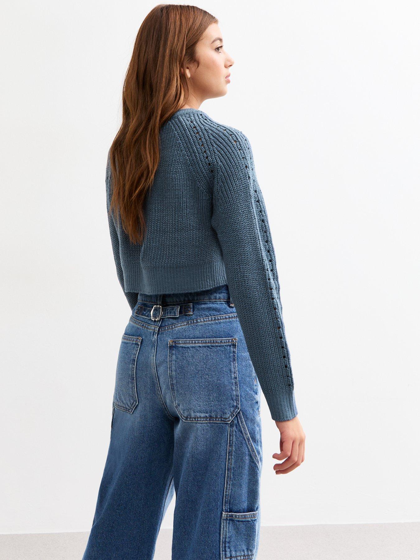 Image 2 of 5 of New Look 915 Girls Hole Detail Crew Neck Crop Jumper - Blue