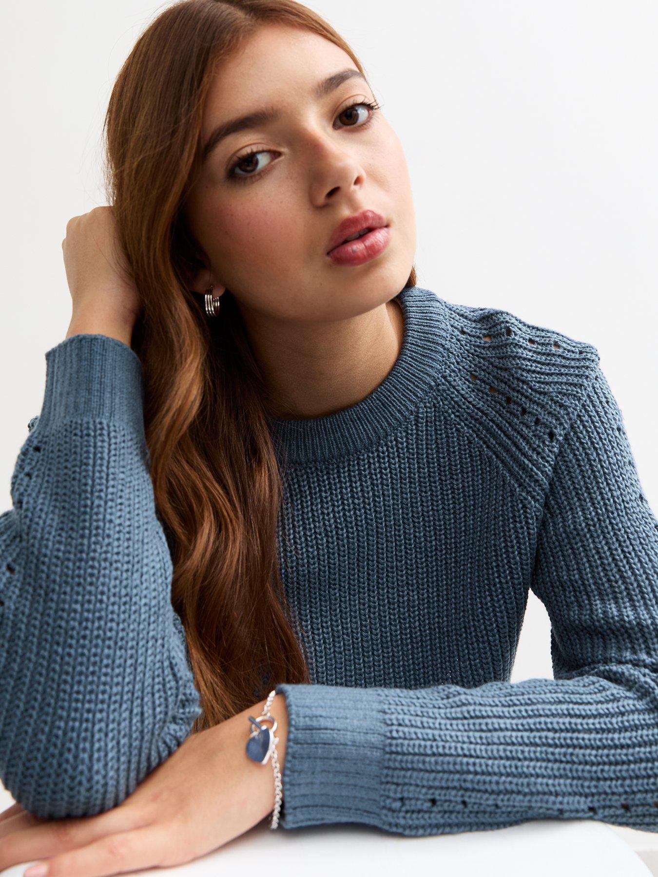 Image 4 of 5 of New Look 915 Girls Hole Detail Crew Neck Crop Jumper - Blue