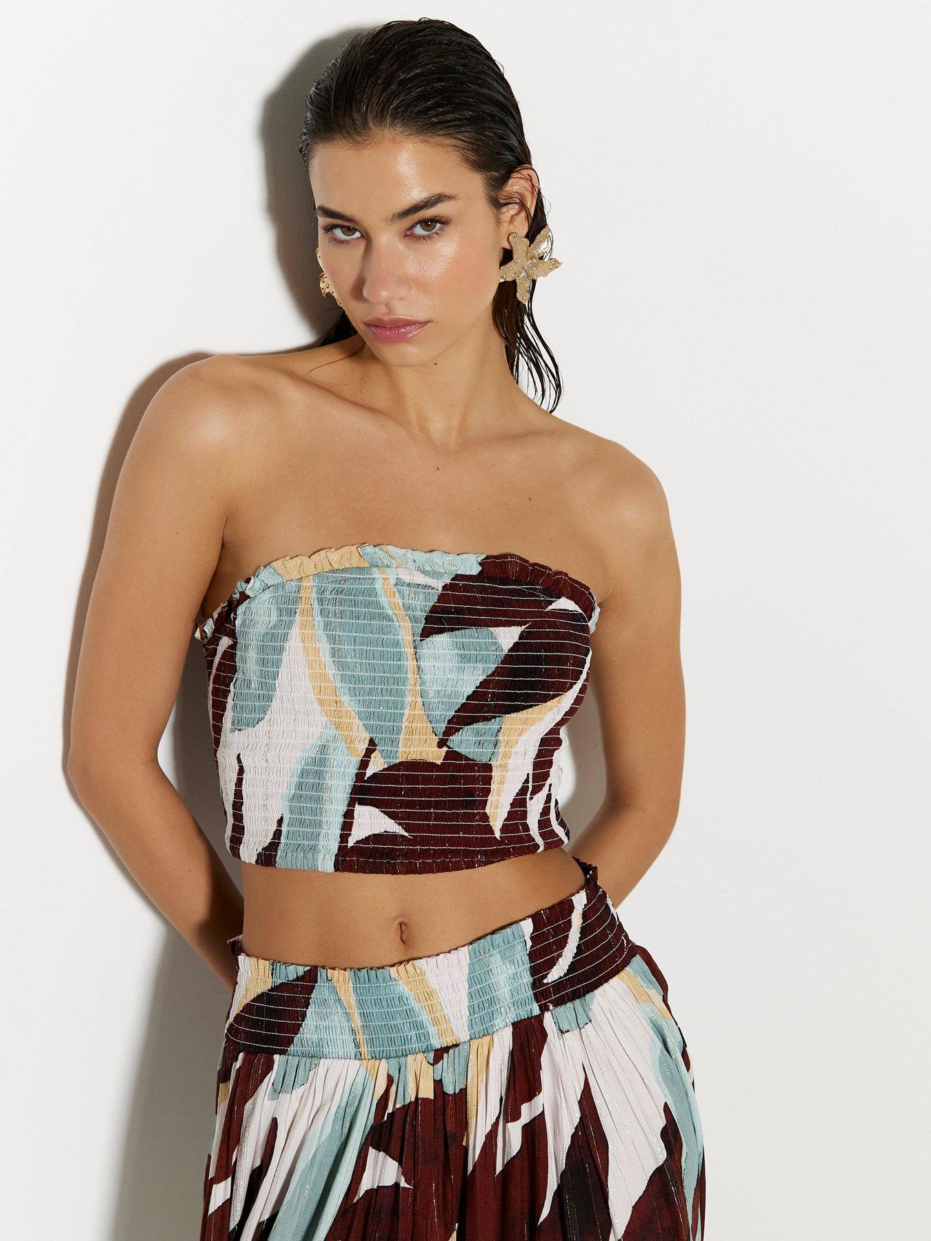 river-island-leaf-shirred-bandeau-top-co-ord-blue