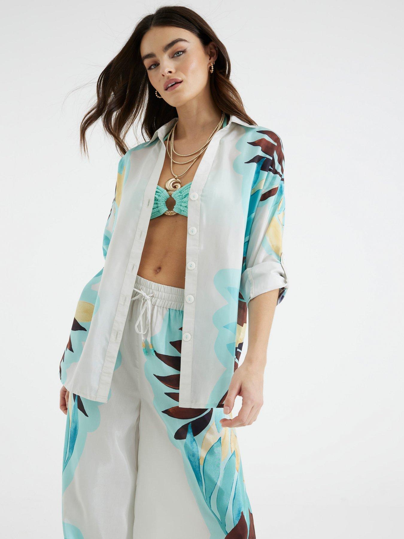Image 1 of 6 of River Island Leaf Placement Print Shirt - Cream