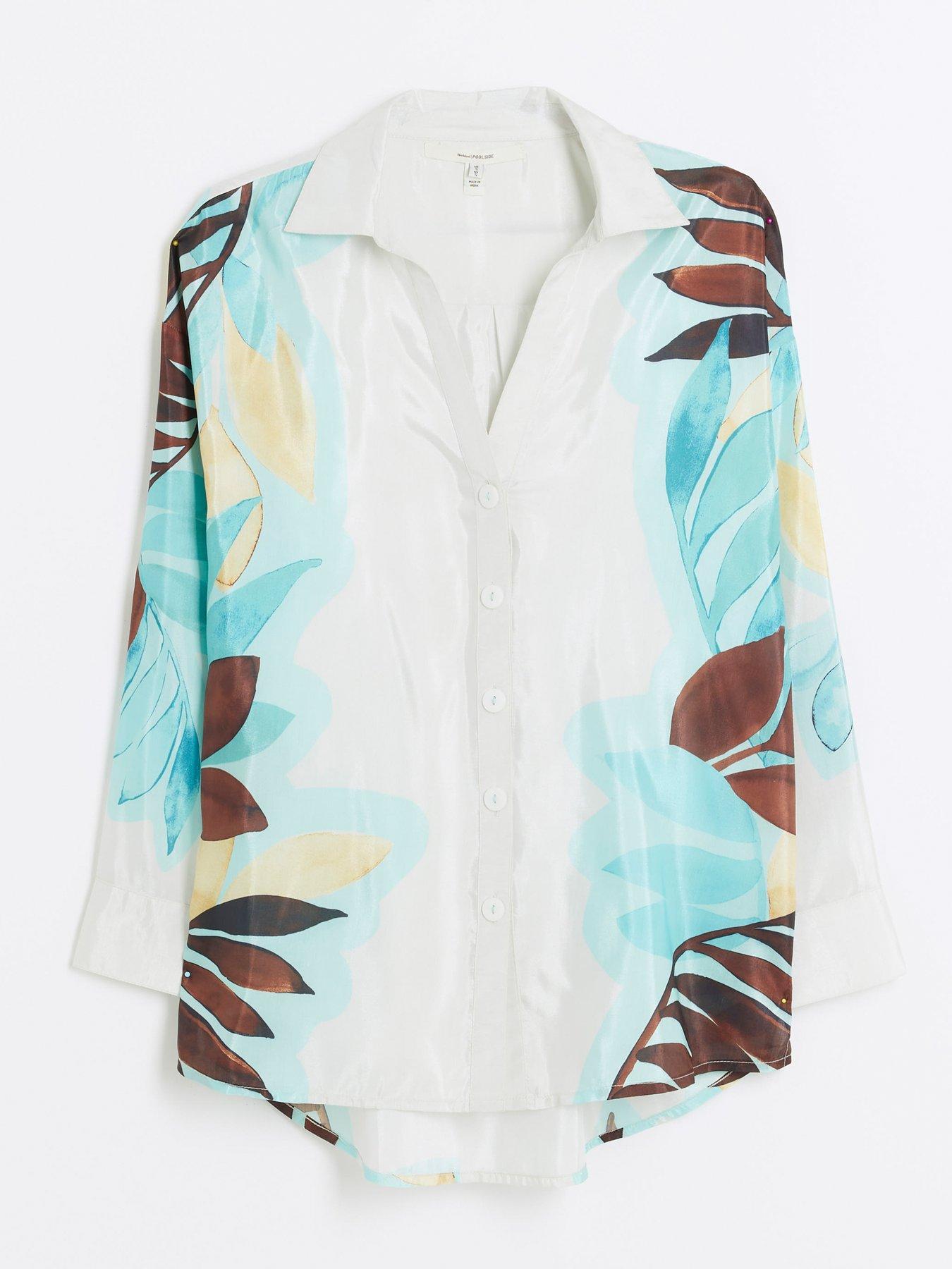 Image 6 of 6 of River Island Leaf Placement Print Shirt - Cream