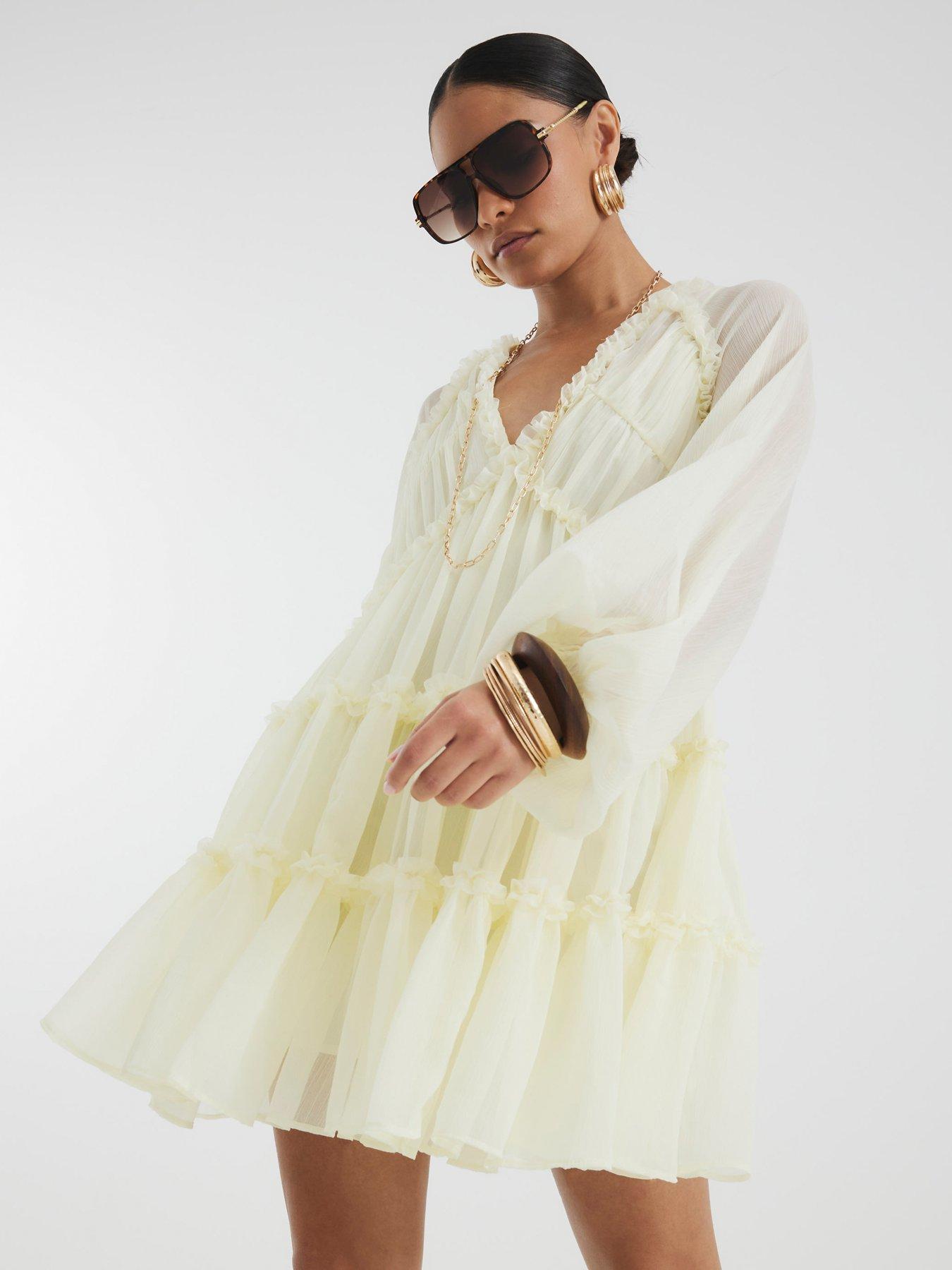 cream smock dress Cream boohoo Tall Textured Frill Smock Dress