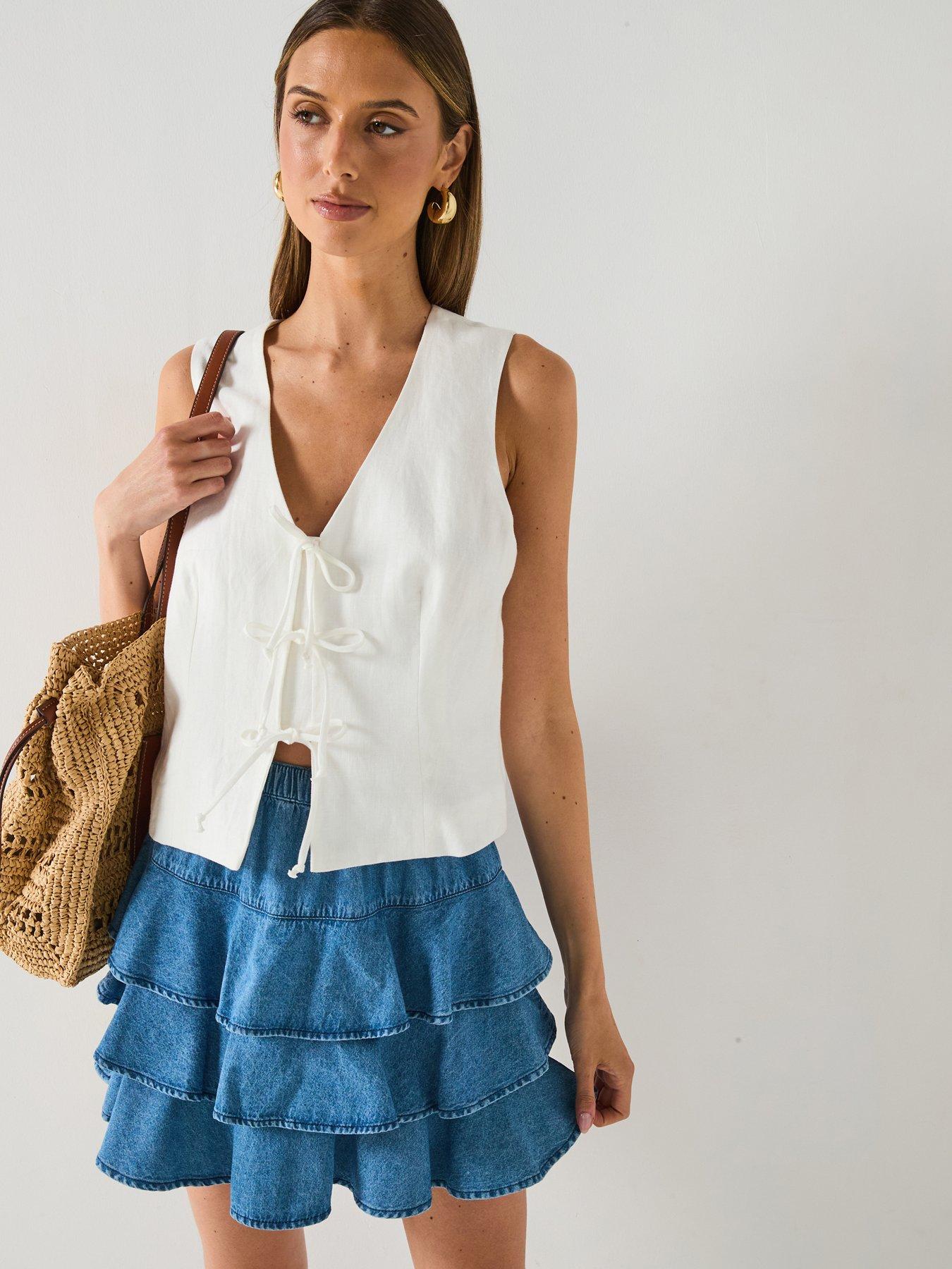 Image of V by Very Ruffle Denim Mini Skirt - Mid Wash