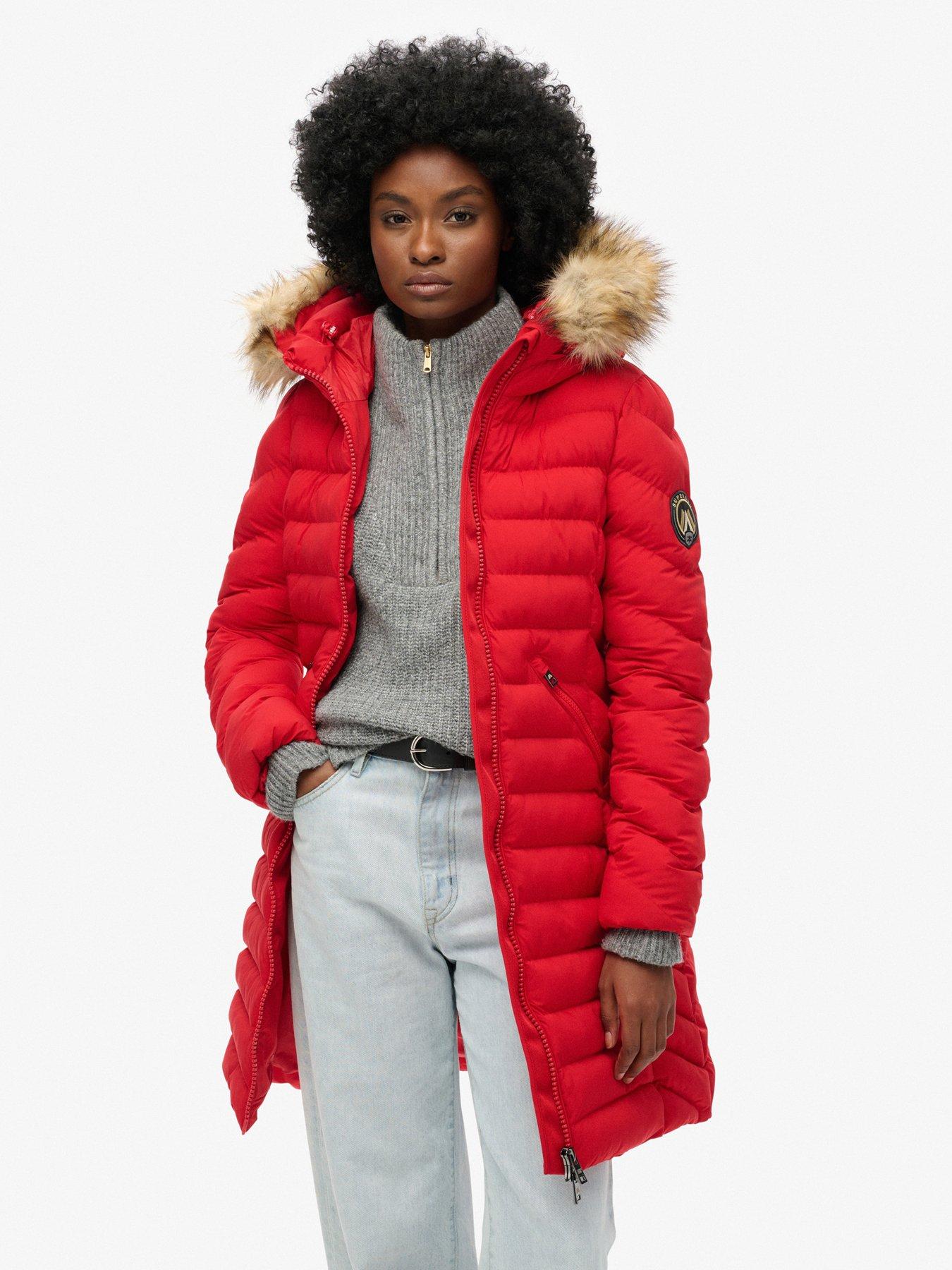 Superdry Fuji Faux Fur Hooded Coat - Red
