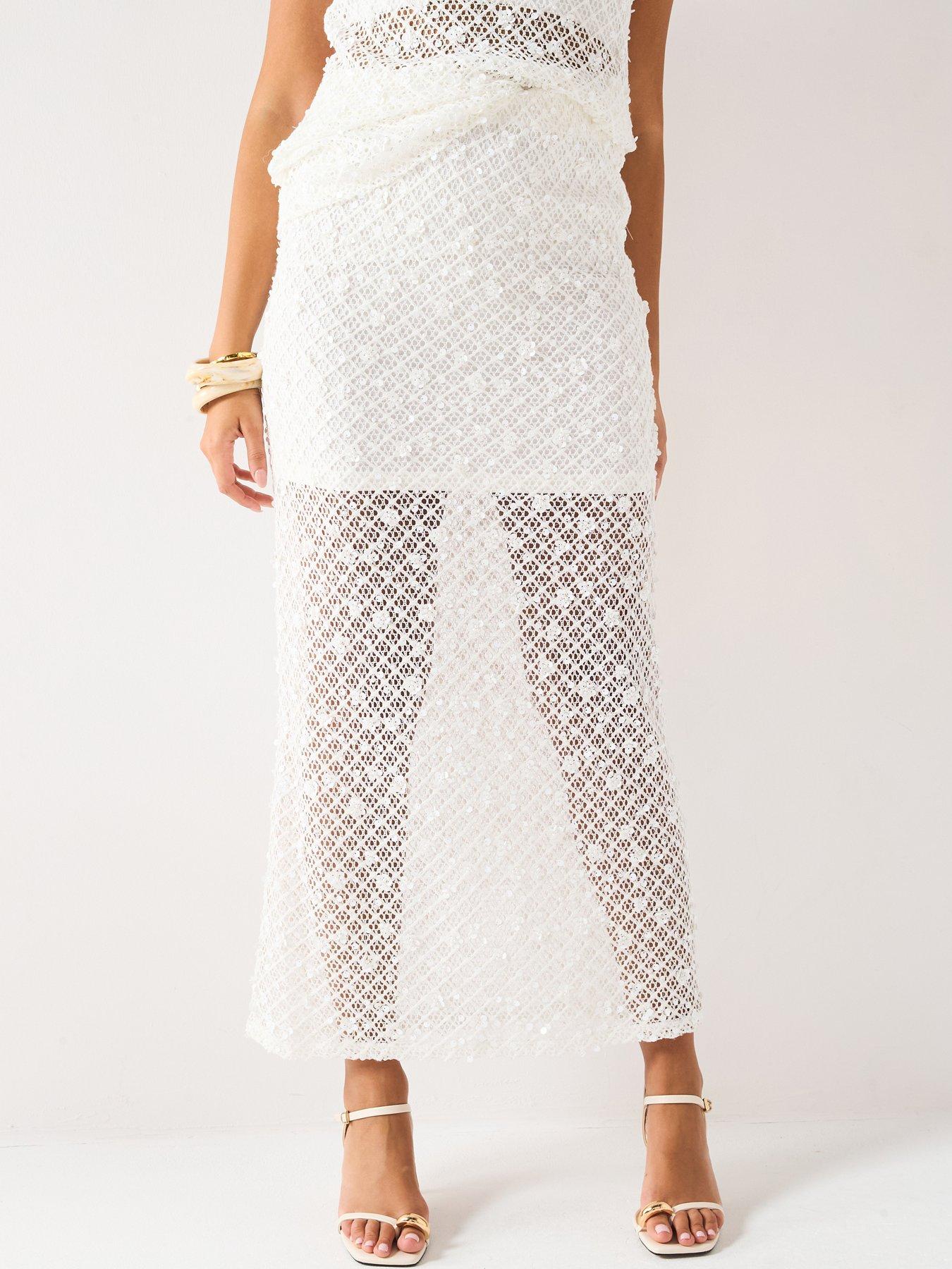 Image of V by Very Sequin Lace Co Ord Skirt - White
