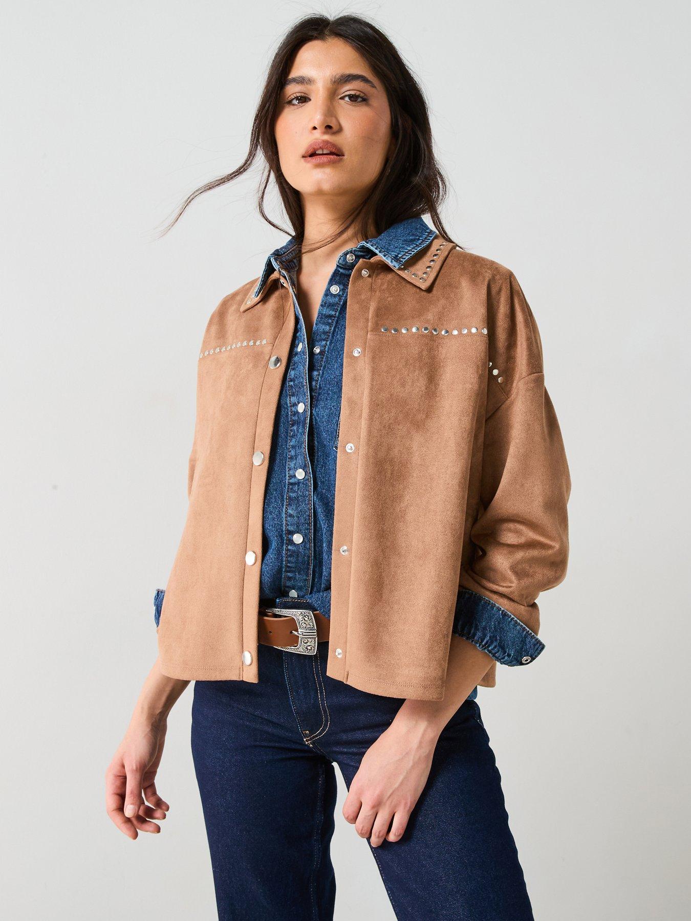 V by Very Stud Detail Suede Look Jacket - Beige