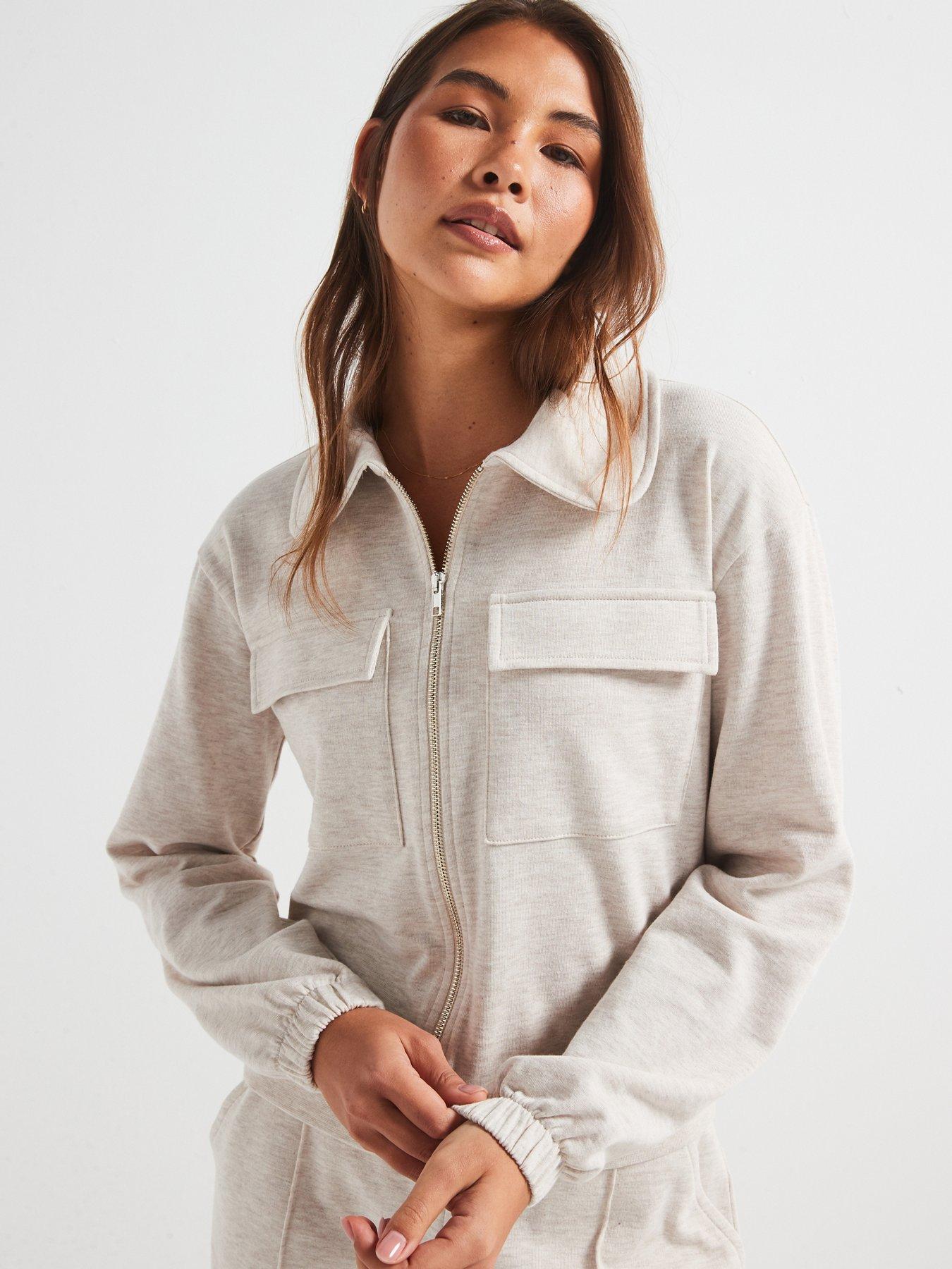 Image of V by Very Collar Detail Zip Up Sweatshirt - Beige