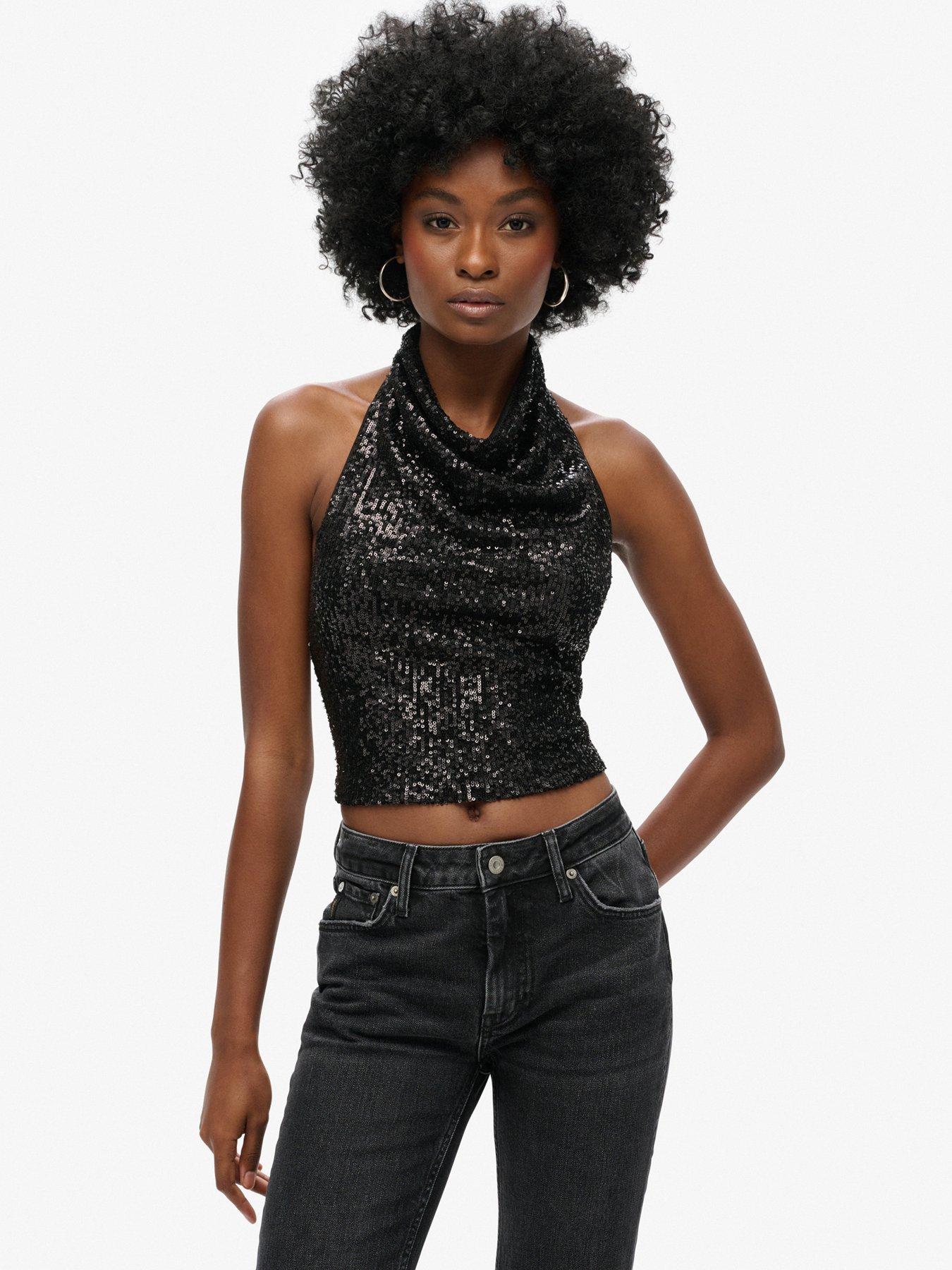 superdry-cowl-halter-neck-sequin-top-black