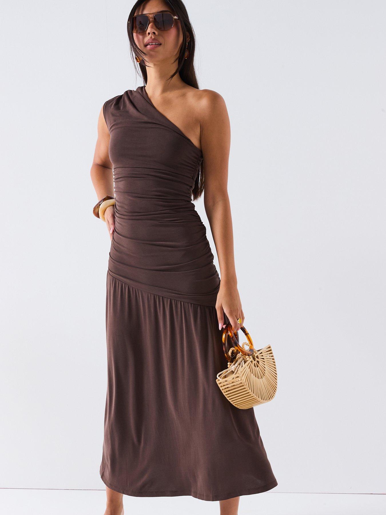 V by Very One Shoulder Ruched Dress - Brown