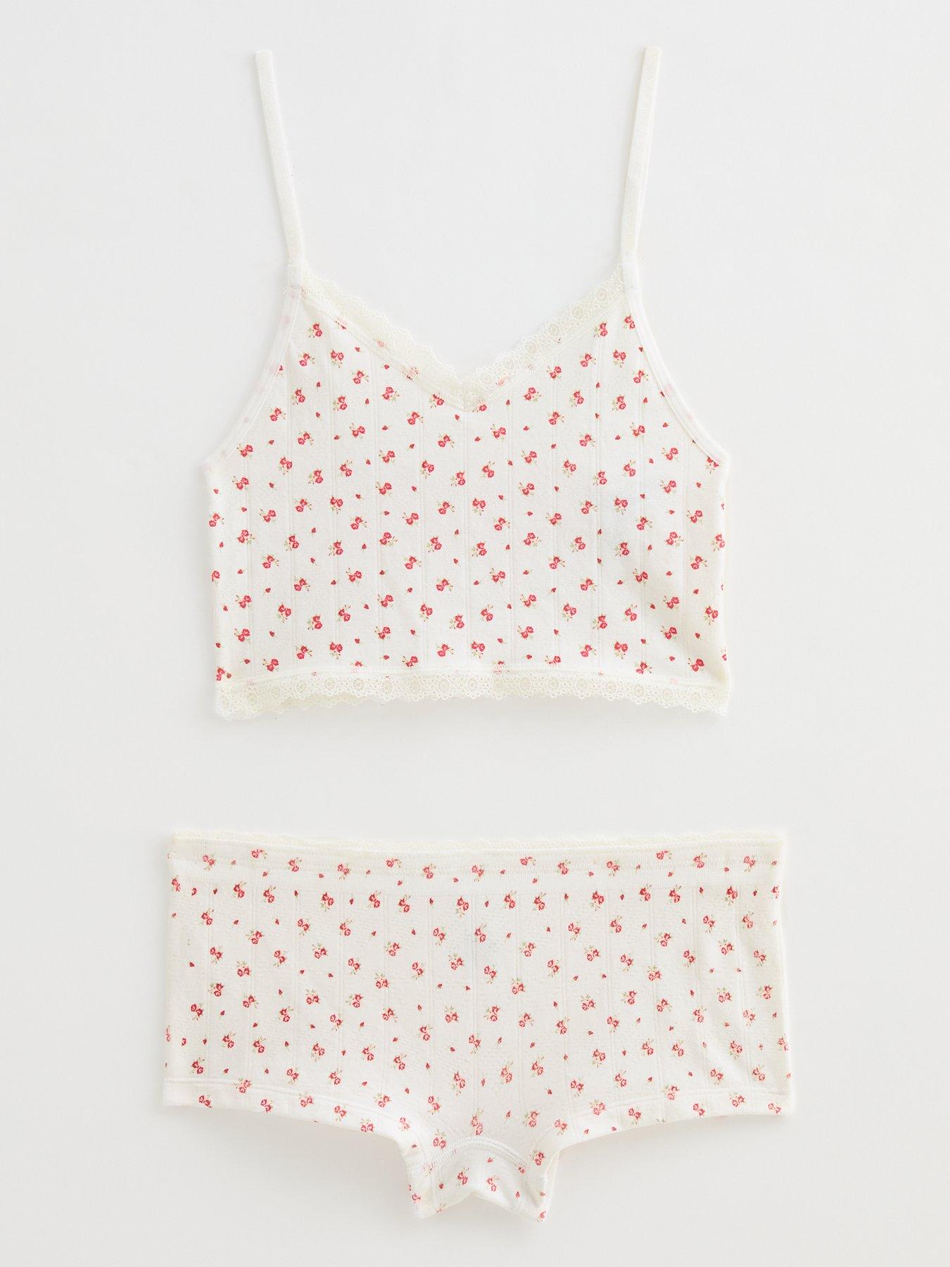 undefined Girls White Floral Print Crop Top And Boxer Briefs Set